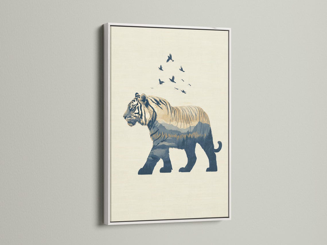 Minimalist tiger silhouette in navy with birds in flight above and layered mountains below detail view