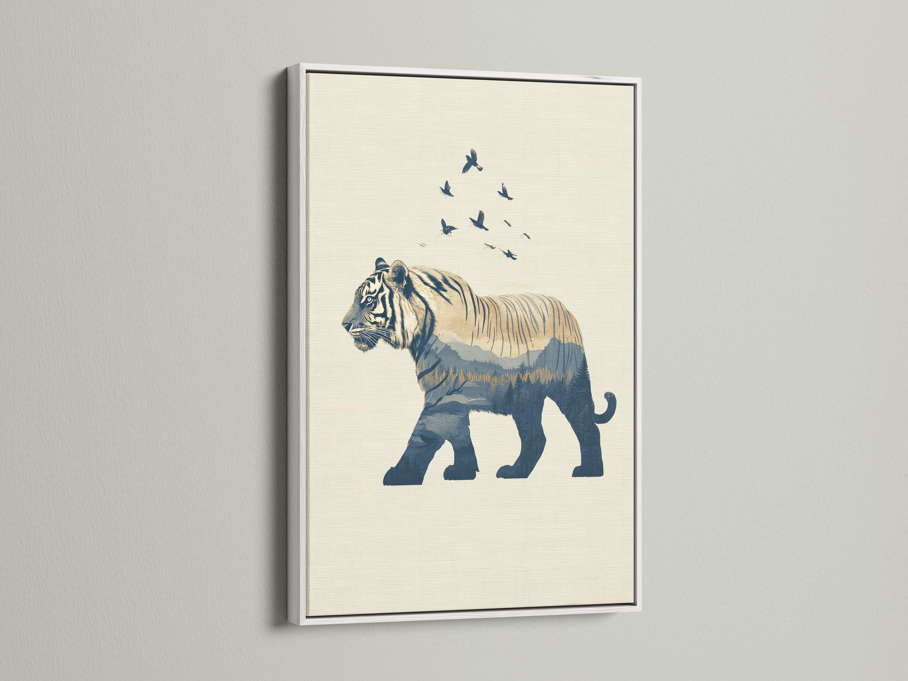 Minimalist tiger silhouette in navy with birds in flight above and layered mountains below detail view