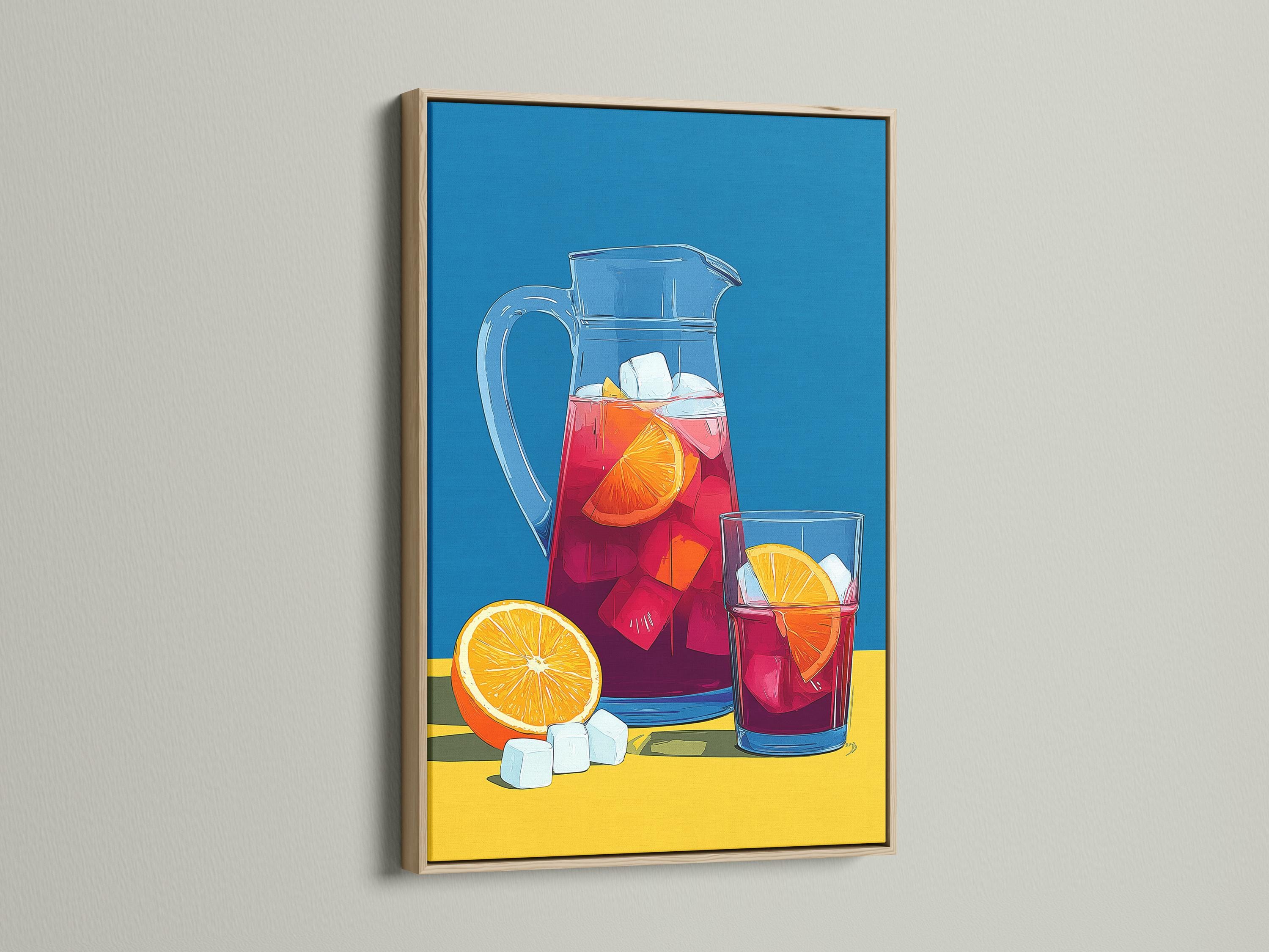 Illustrated still life of a glass pitcher with red drink, ice cubes, and orange citrus slices detail view