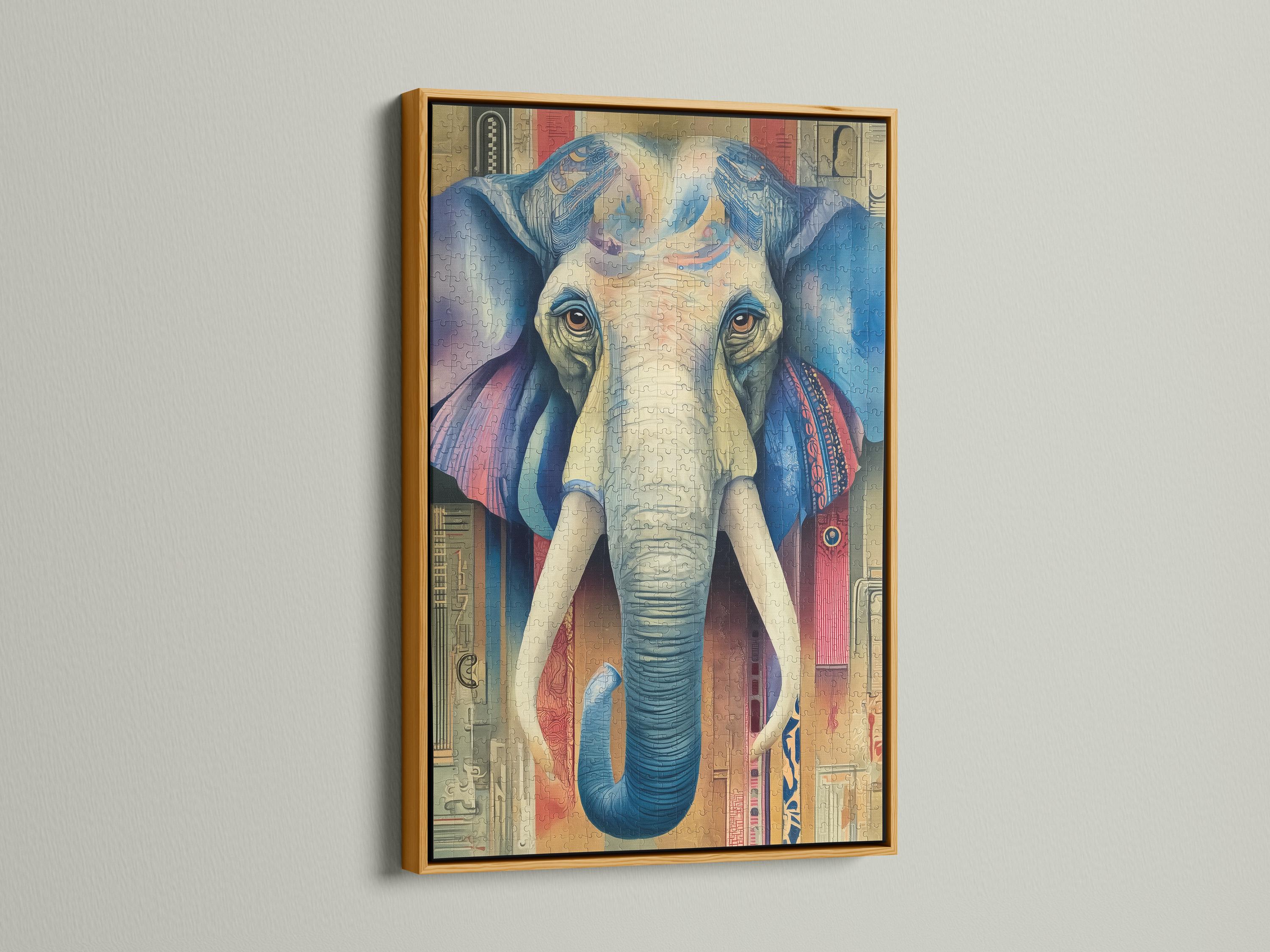 A stylised blue elephant portrait with patterned, map-like details sits centre-stage within a colourful, vintage-inspired background detail view
