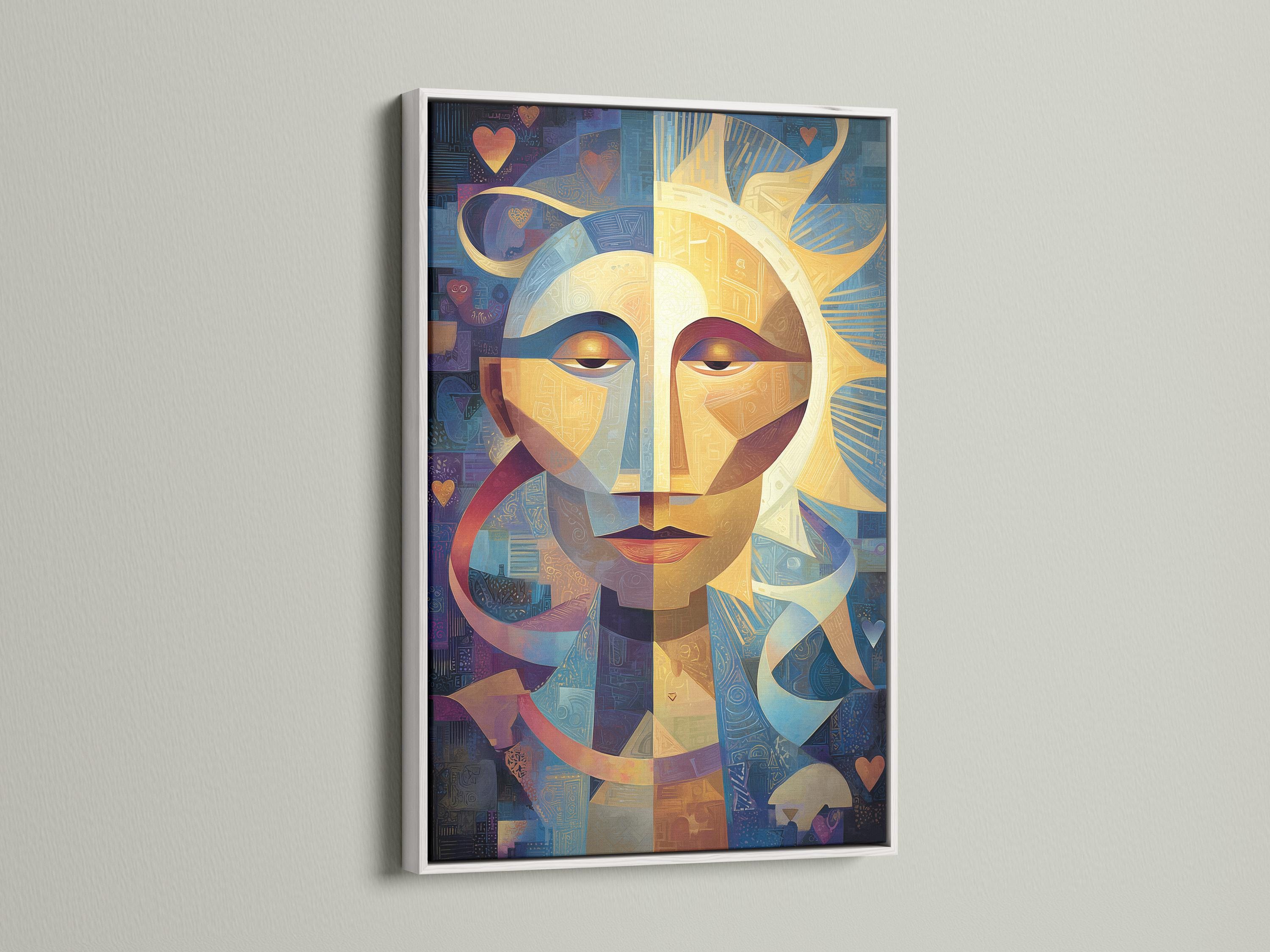 Geometric abstract face with a golden sunburst centre, blue and gold shapes, and small heart motifs detail view