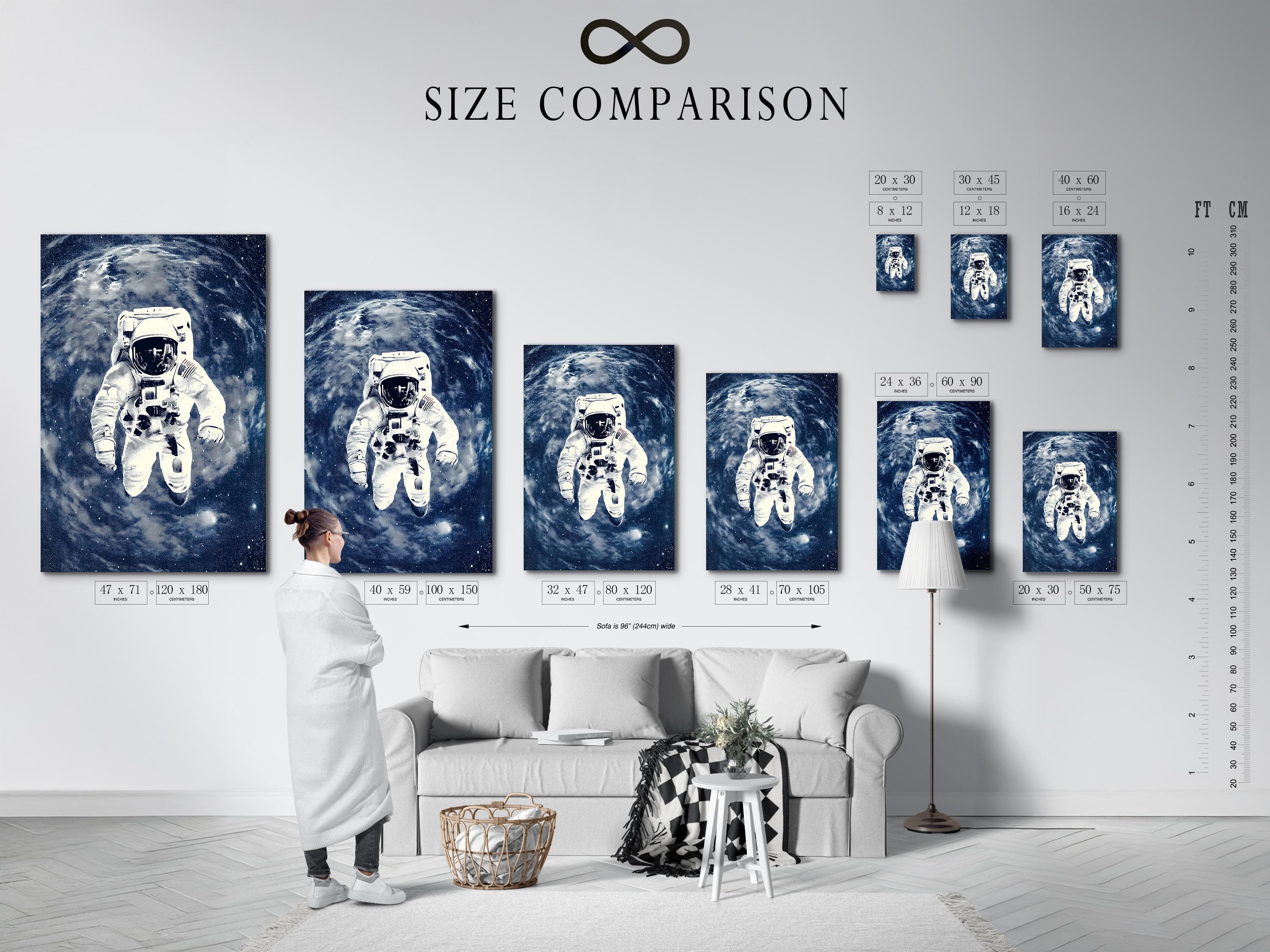 Stylised astronaut running through a deep indigo galaxy with a bright planet arc and stars detail view