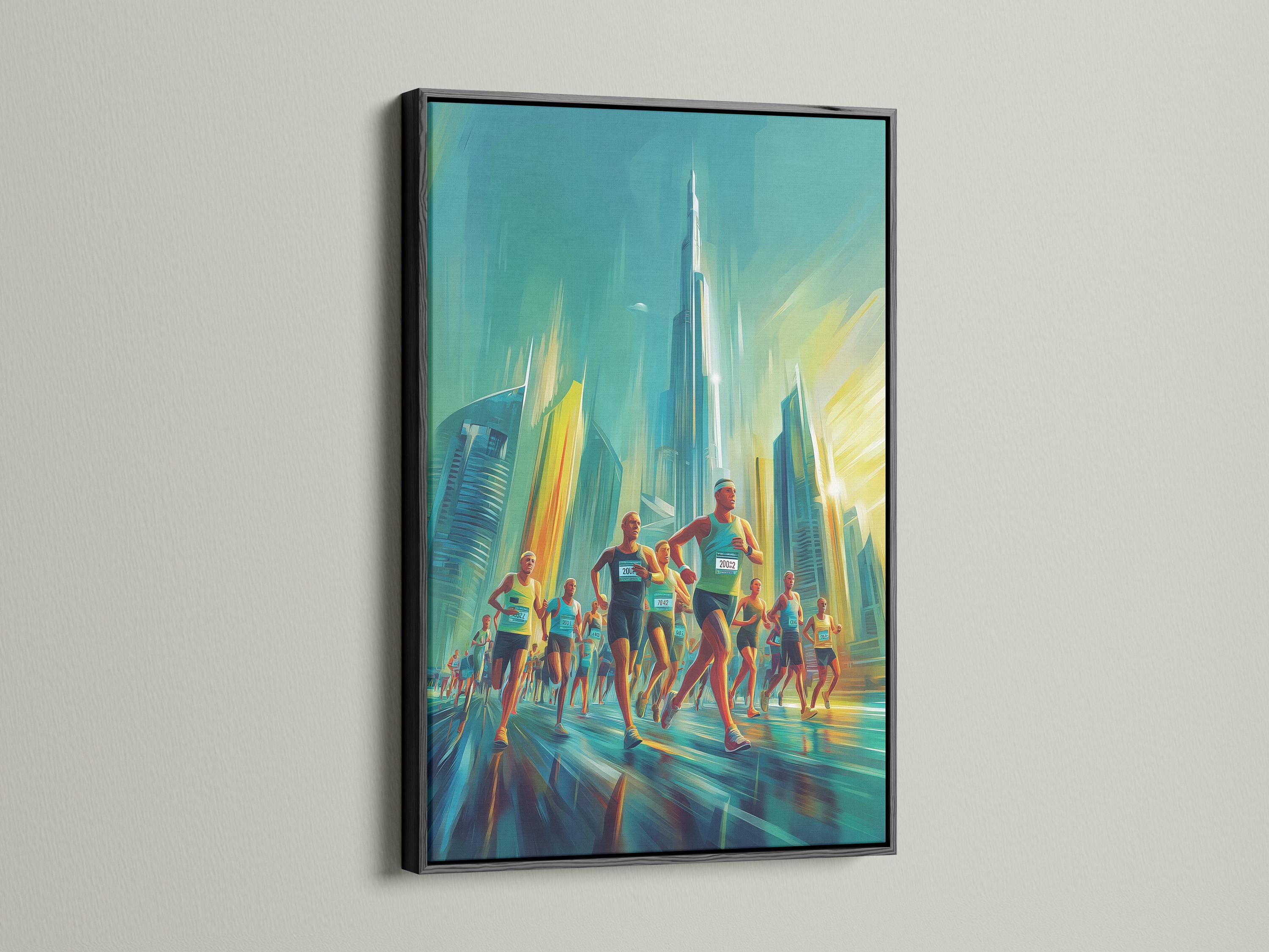 Teal urban marathon scene with runners in motion and a hazy city skyline detail view
