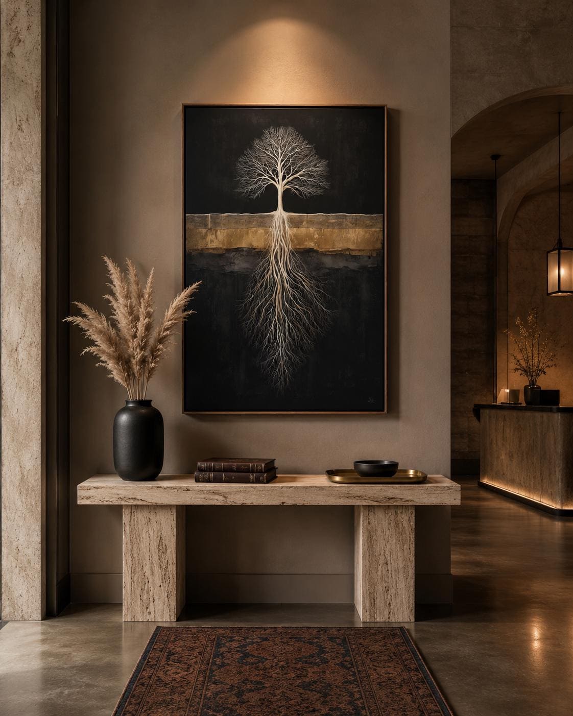 Room mockup with a person reading and a dark tree roots artwork above a bed