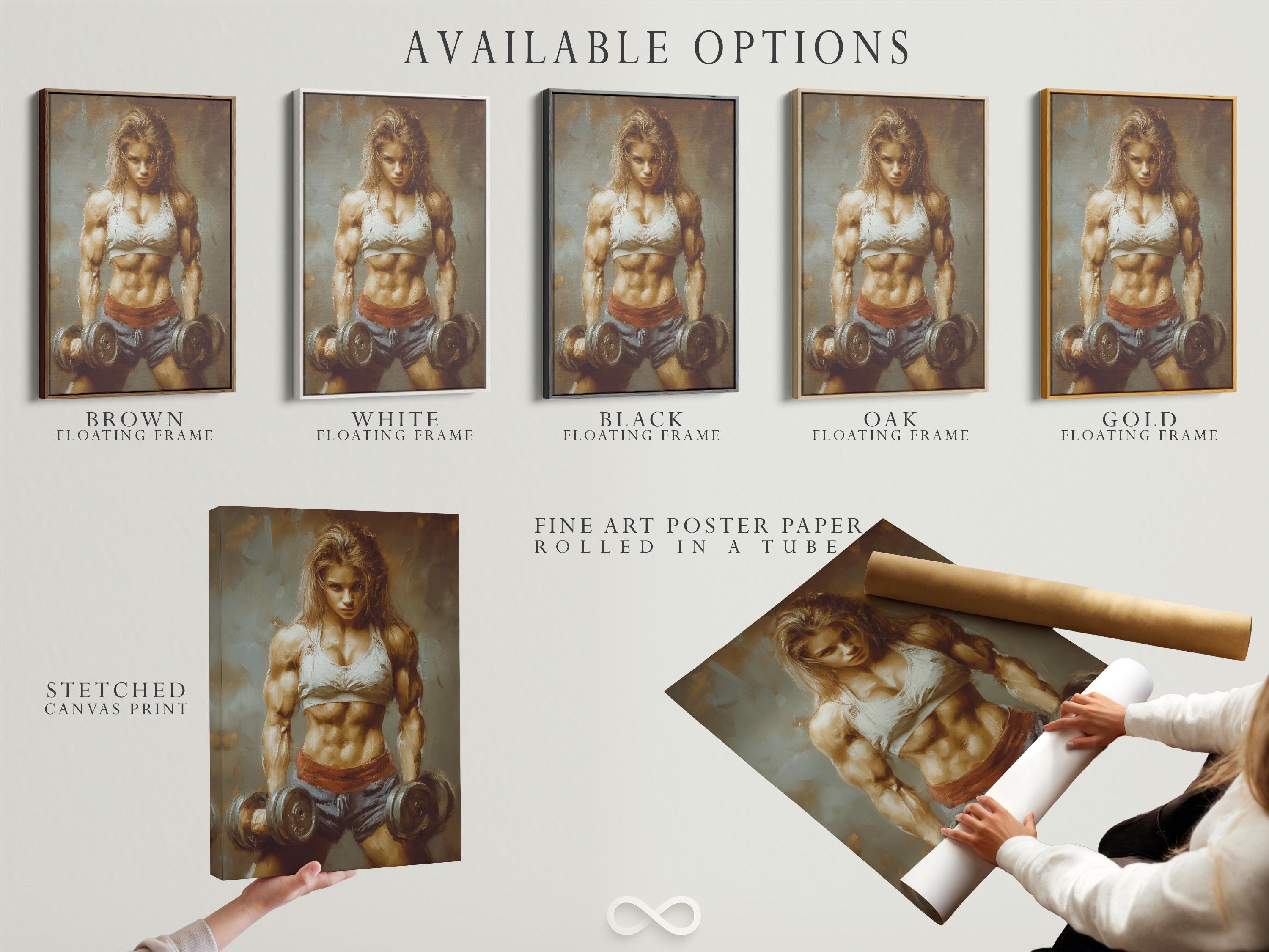 Gym or wellness room mockup showing a wall artwork of a muscular woman lifting dumbbells