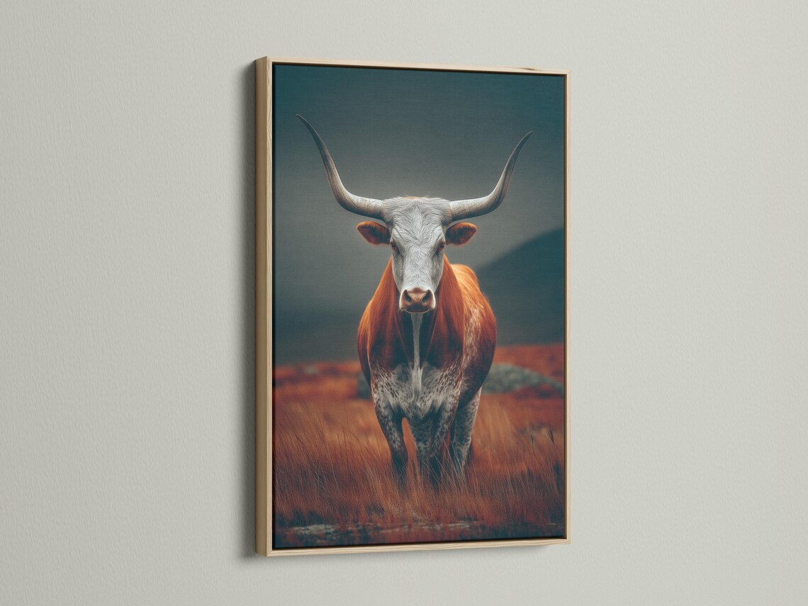 Longhorn cow artwork displayed in a framed mockup with teal and rust tones