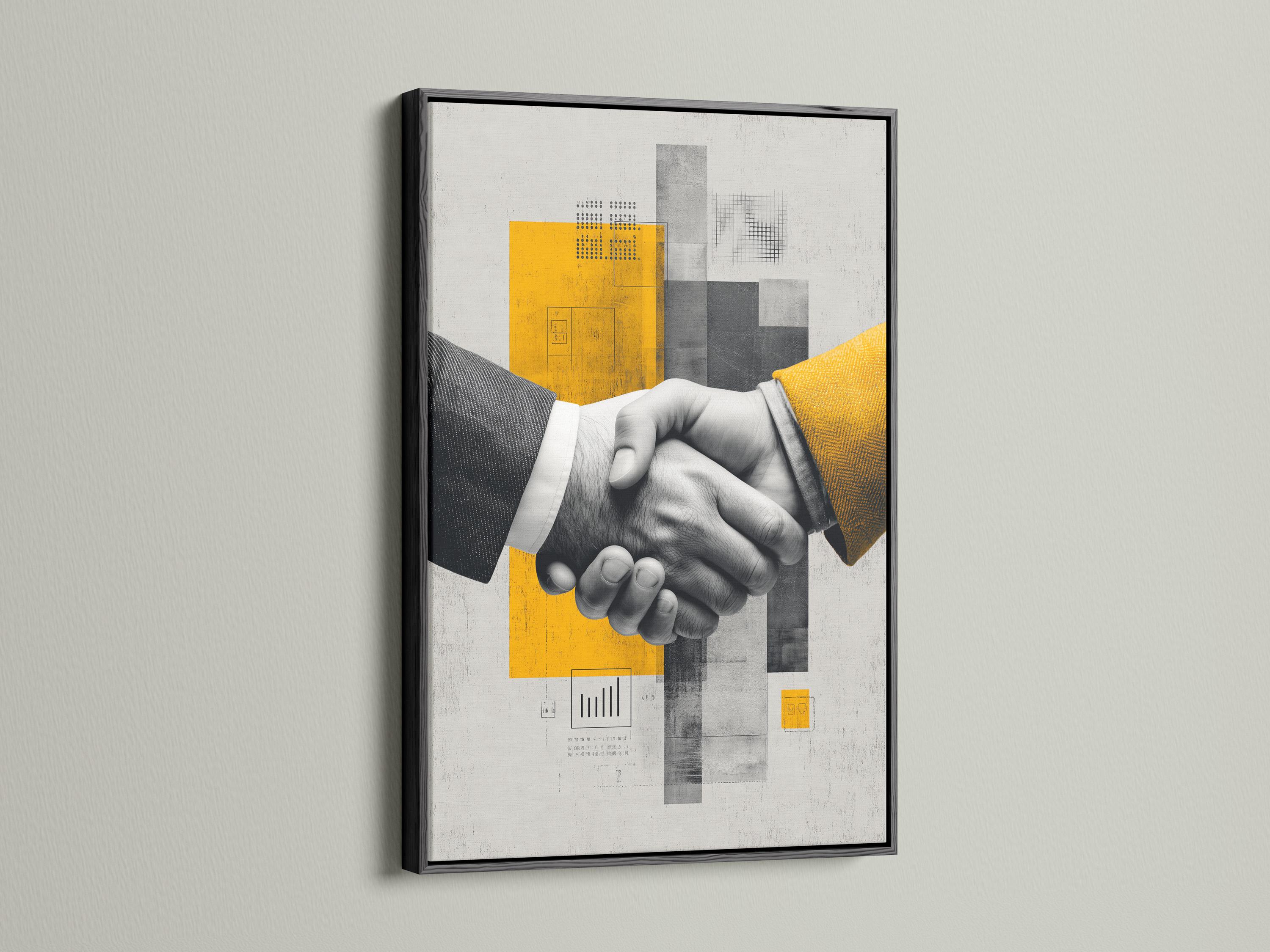 Black-and-white handshake centred in a geometric grey and yellow abstract design detail view