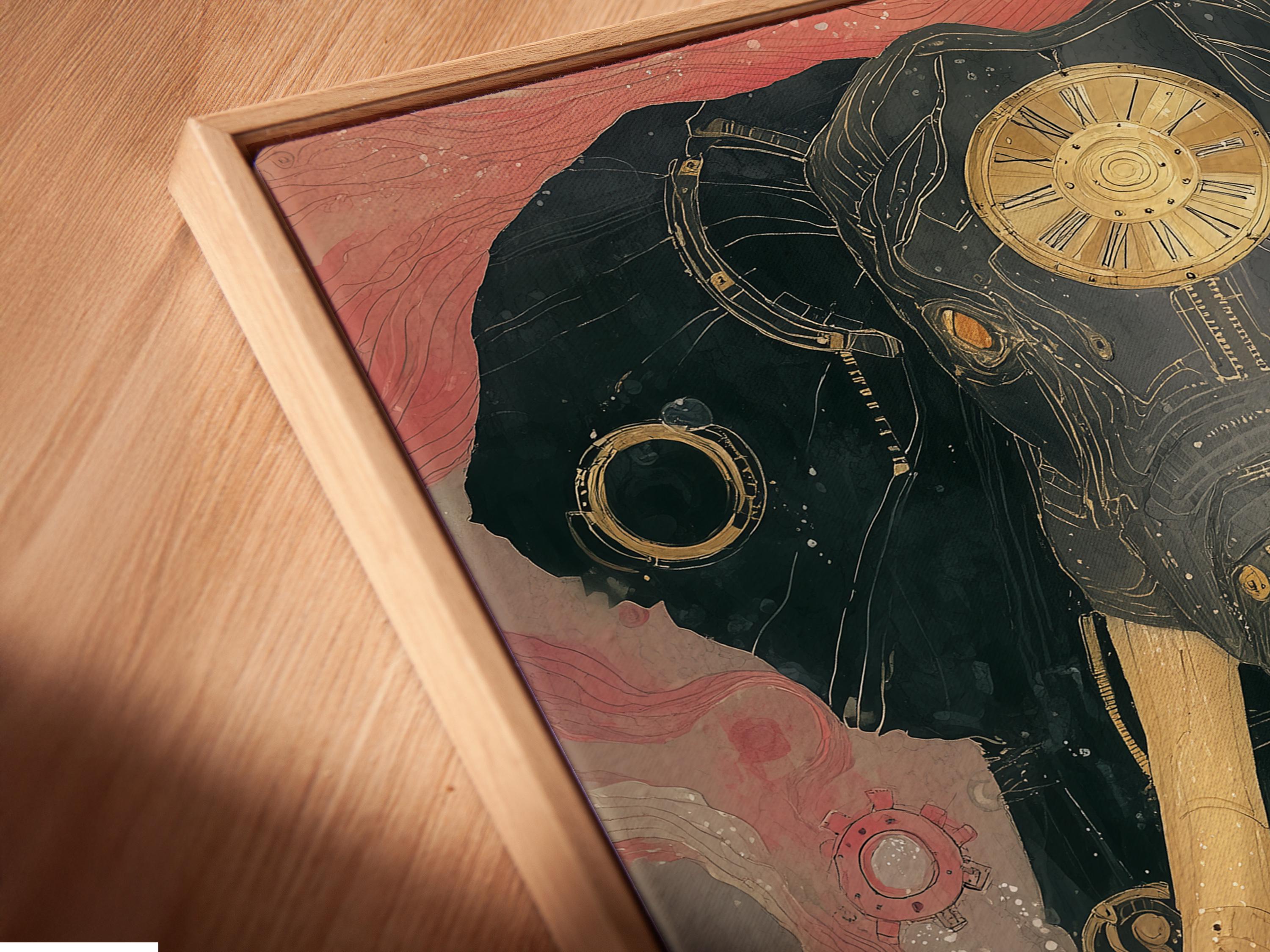 Mechanical elephant illustration with gear and clockwork details in teal, muted pink and gold detail view