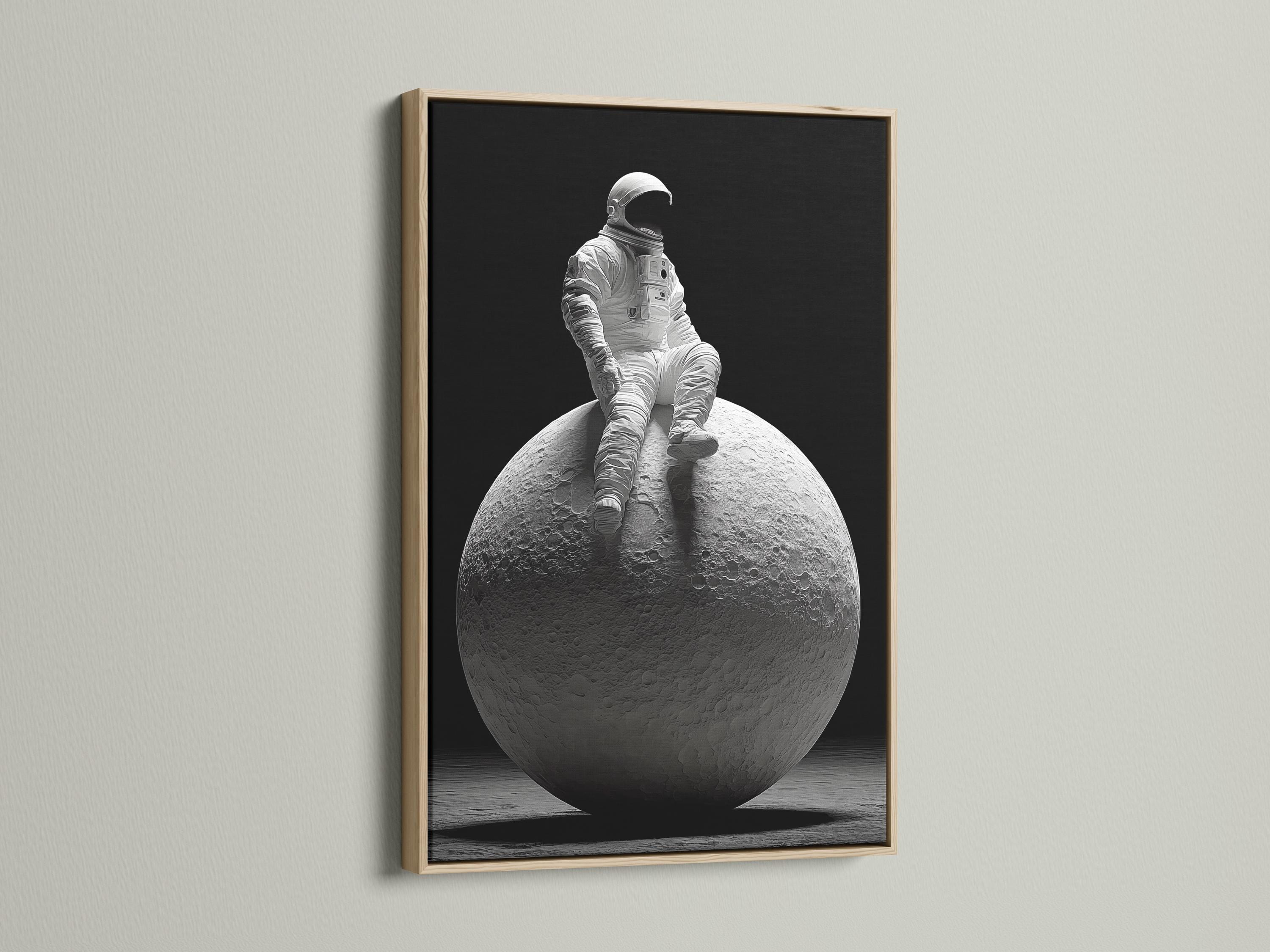 Monochrome astronaut in a space suit seated on a cratered moon against a dark background detail view