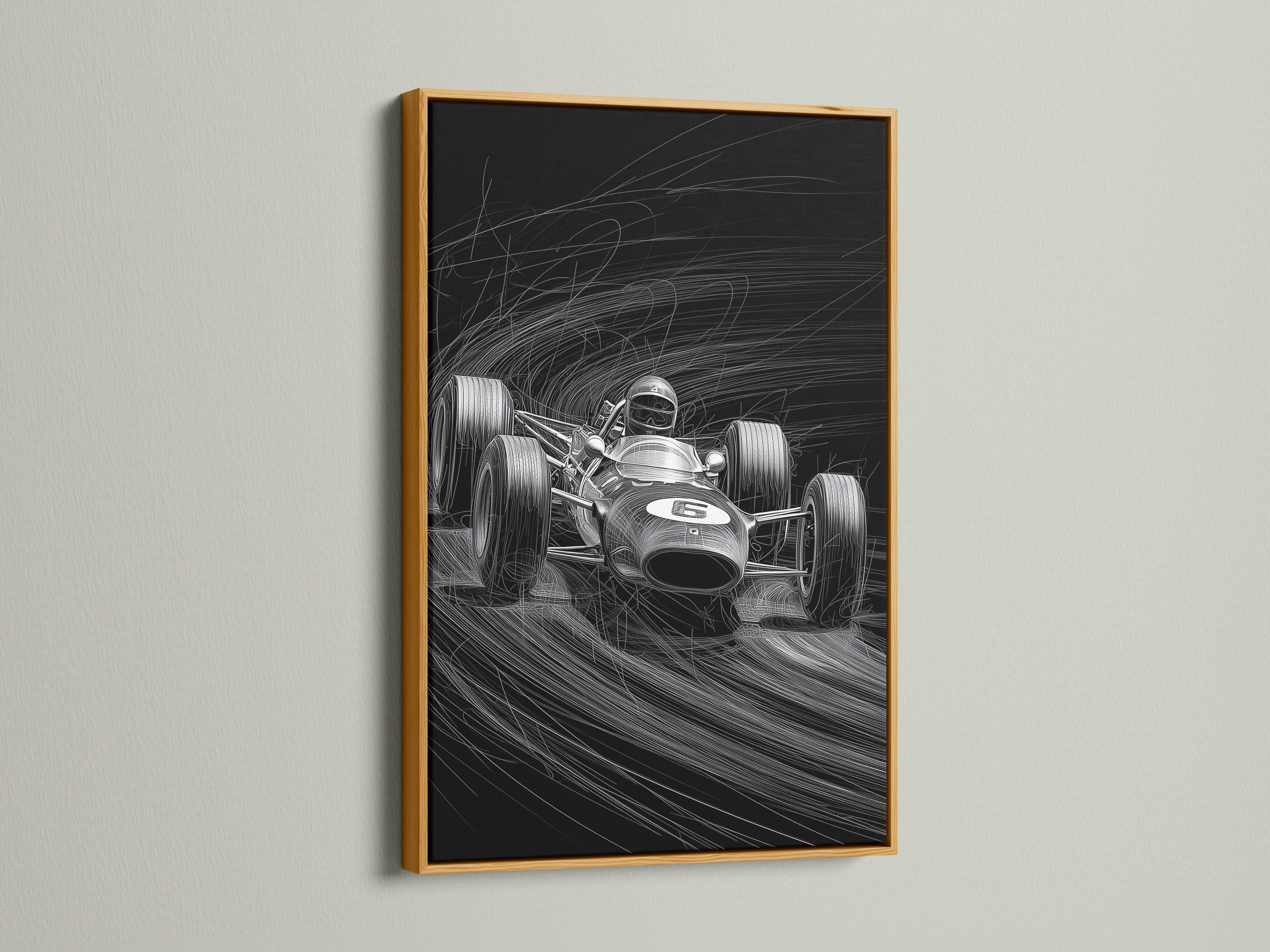 Black and white race car sketch with a helmeted driver and motion speed lines detail view