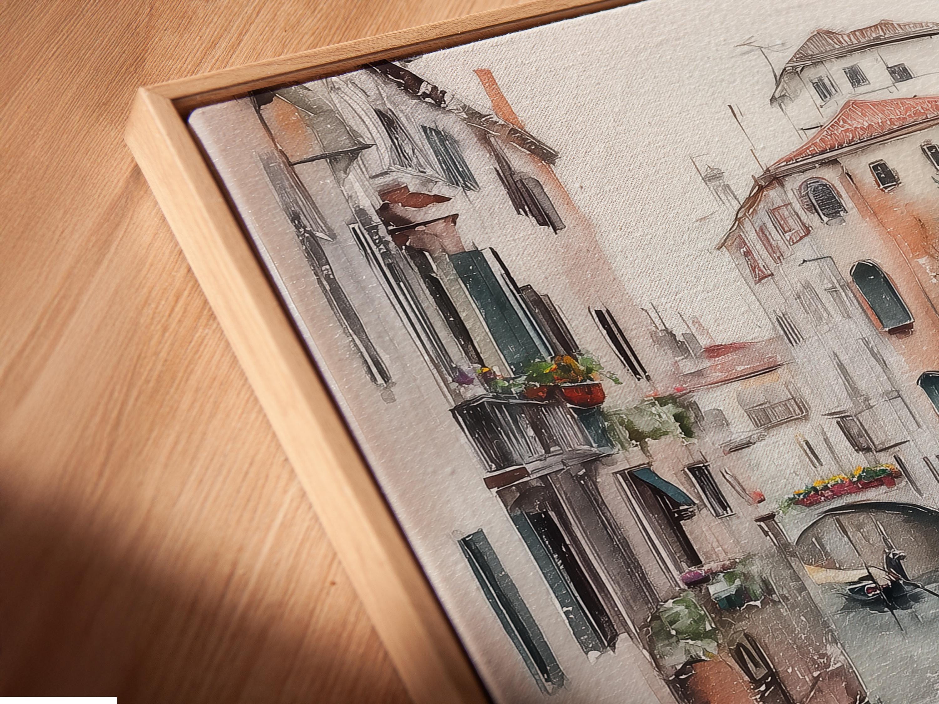 Painterly canal cityscape with warm buildings, grey water reflections and a small gondola-like boat detail view