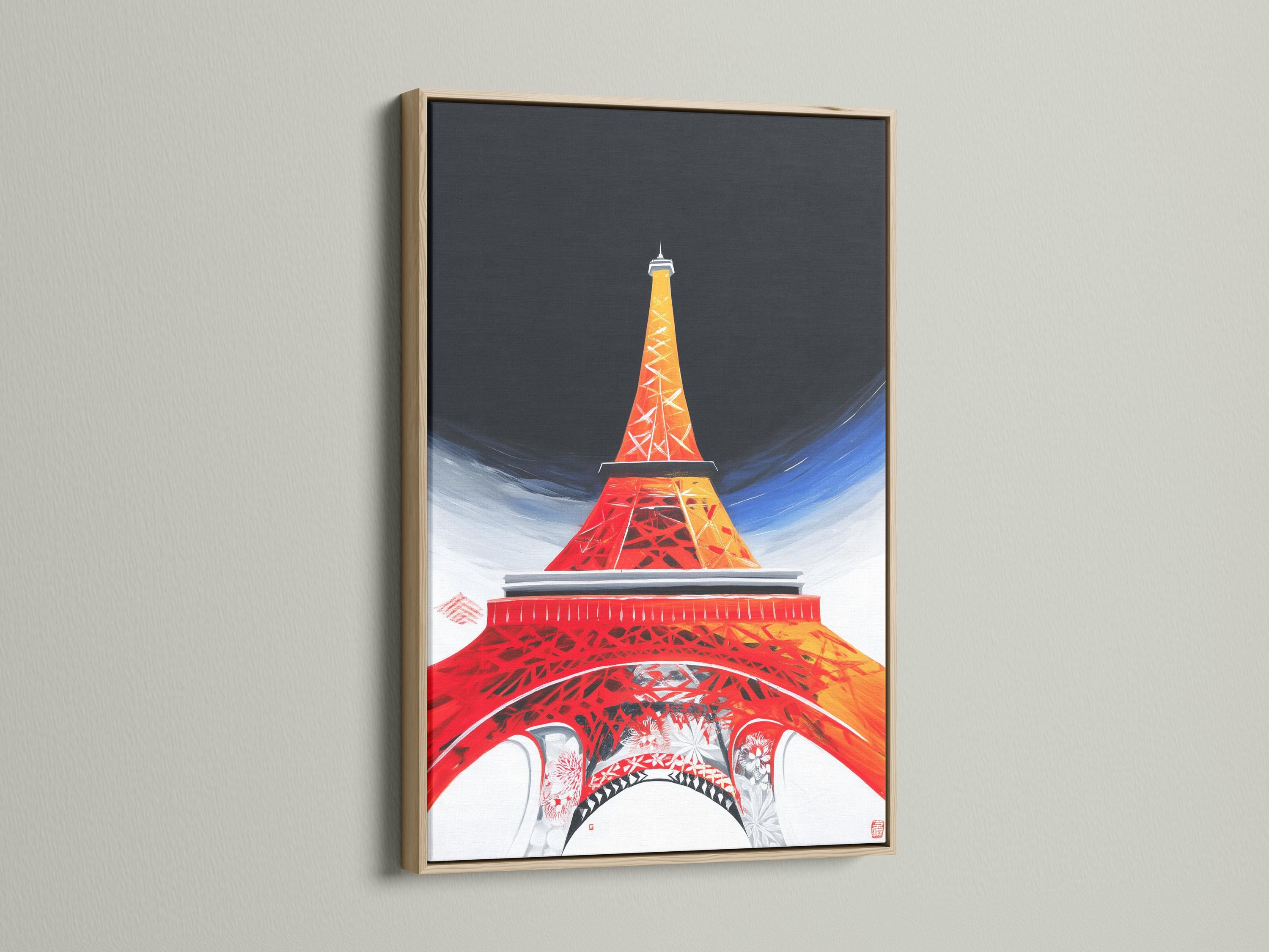 Room mockup showing framed Eiffel Tower artwork in red, orange and blue