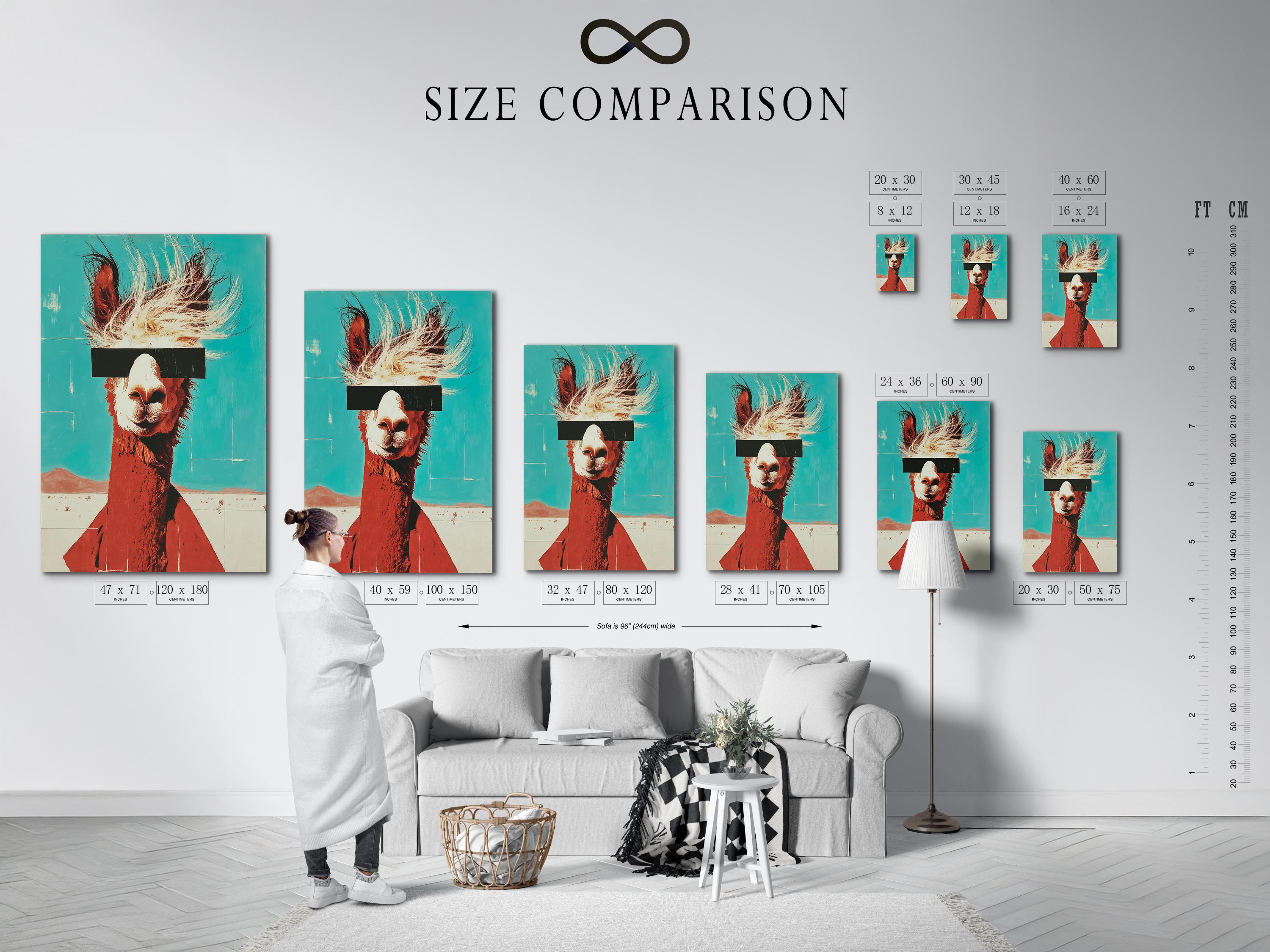 Stylised llama portrait on a turquoise background with rust-brown body and cream fur lines detail view
