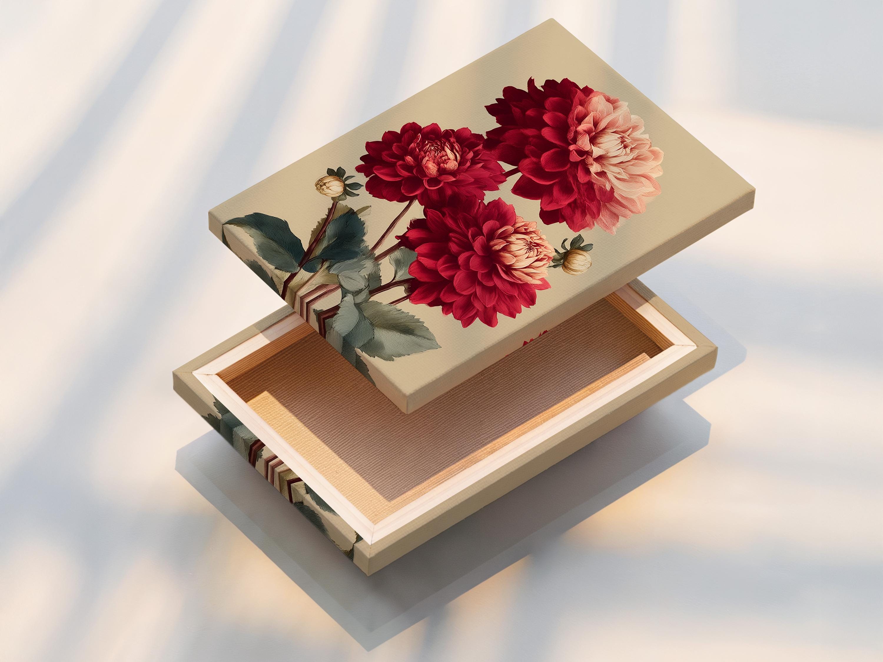Room mockup featuring framed artwork with burgundy and pale pink dahlias and dark green leaves on a cream background