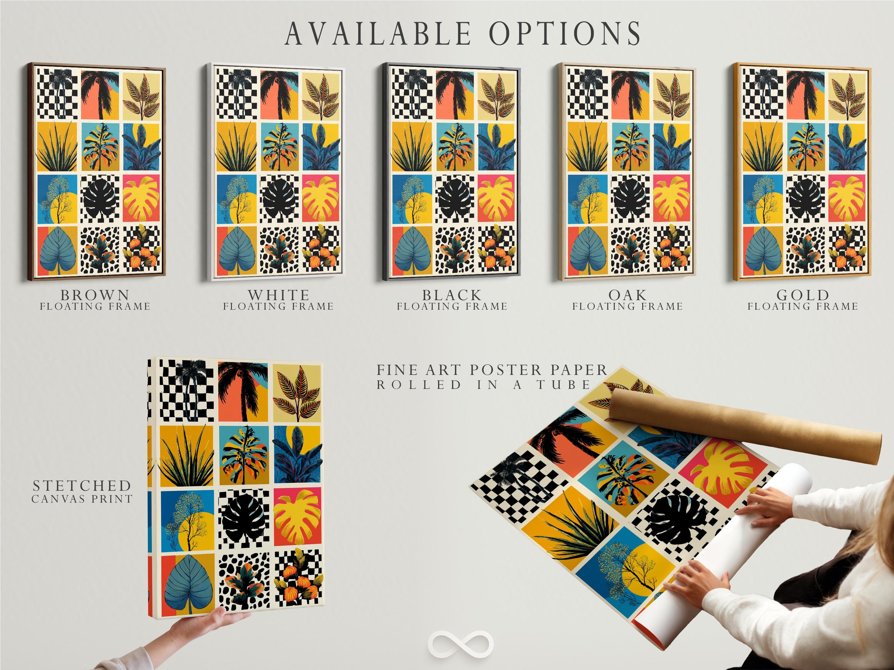 Retro tropical botanical collage on a framed grid, shown in a room mockup with extra artwork