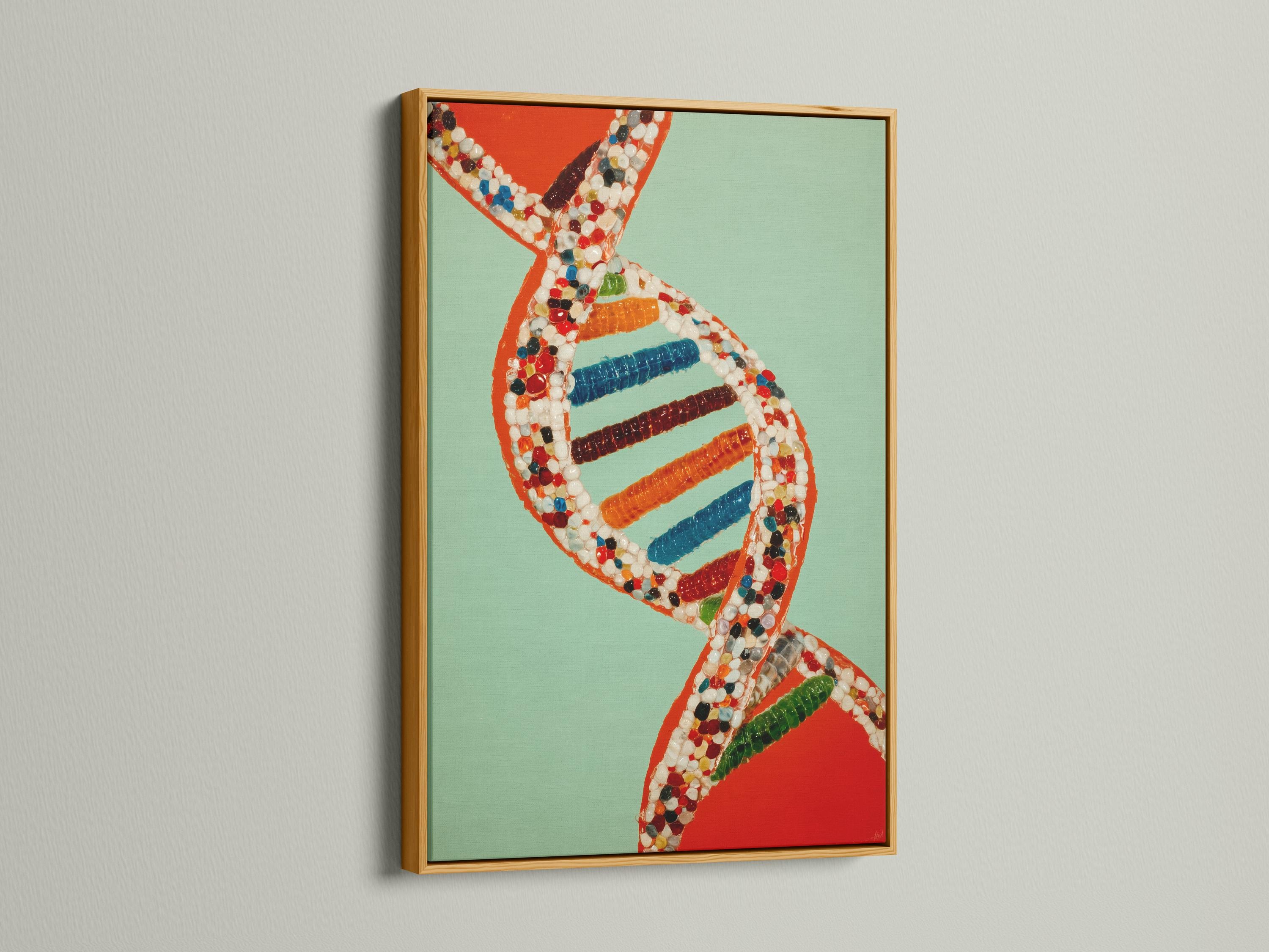 A researcher in a white lab coat stands next to a framed DNA double helix artwork