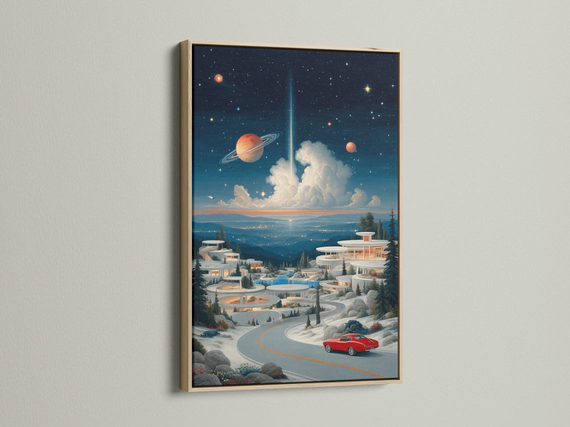 Surreal space landscape with planets, stars, snowy futuristic buildings and a red car on a winding road detail view