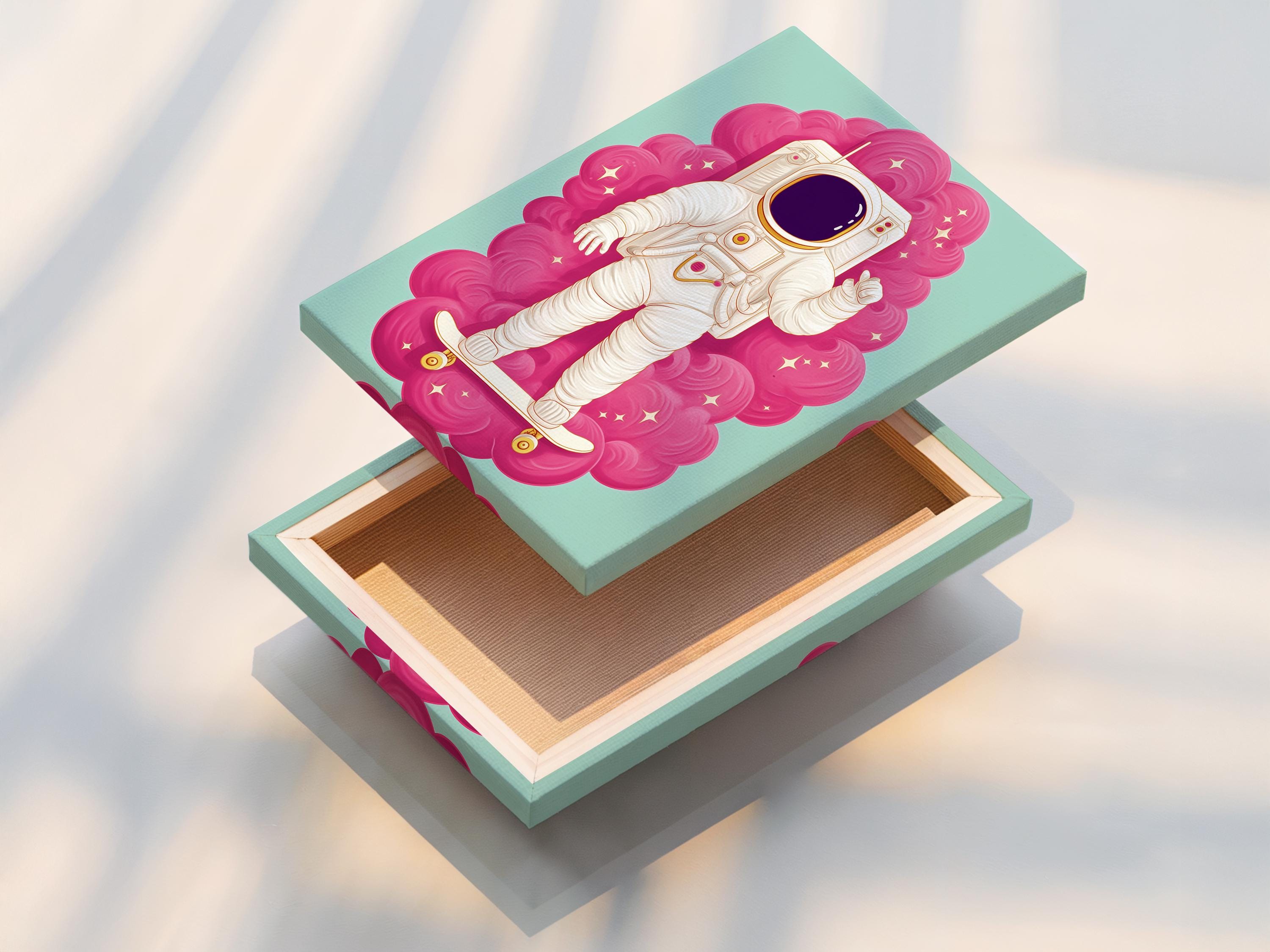 Cartoon astronaut standing on a skateboard with a hot pink cloud swirl background detail view
