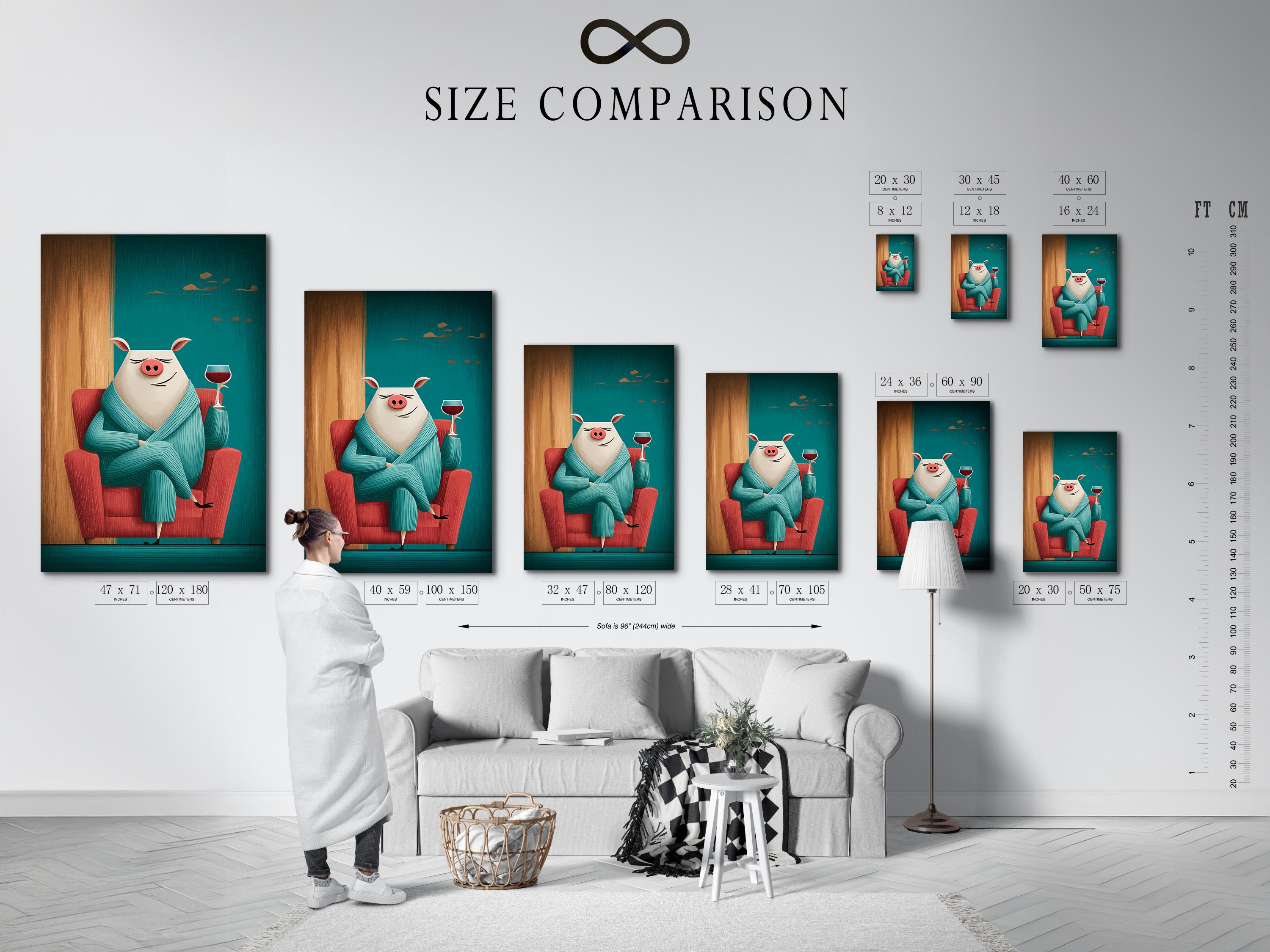 Illustration of a smiling pig in a teal jumper holding a wine glass detail view