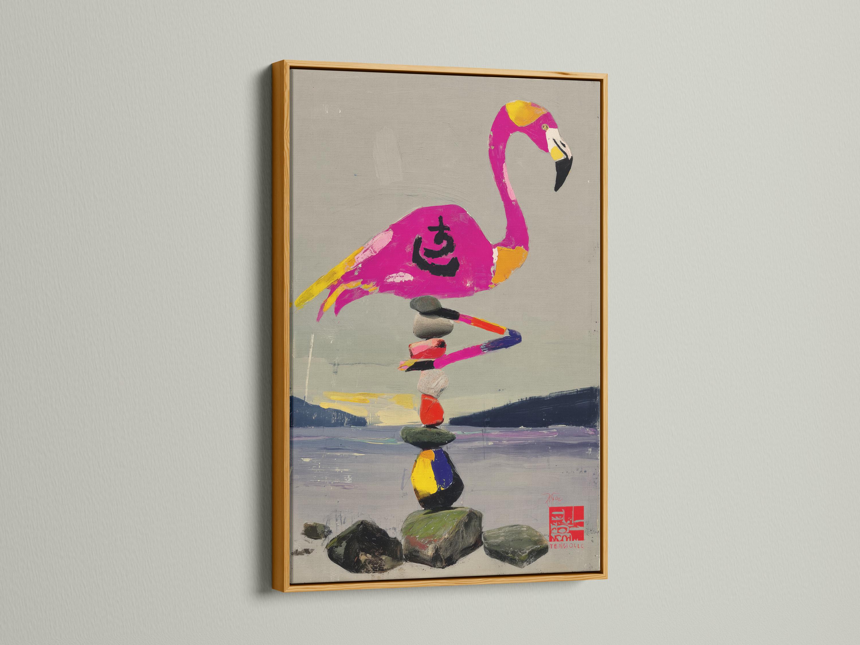 Stylised pink flamingo balancing on a stack of multicoloured stones detail view