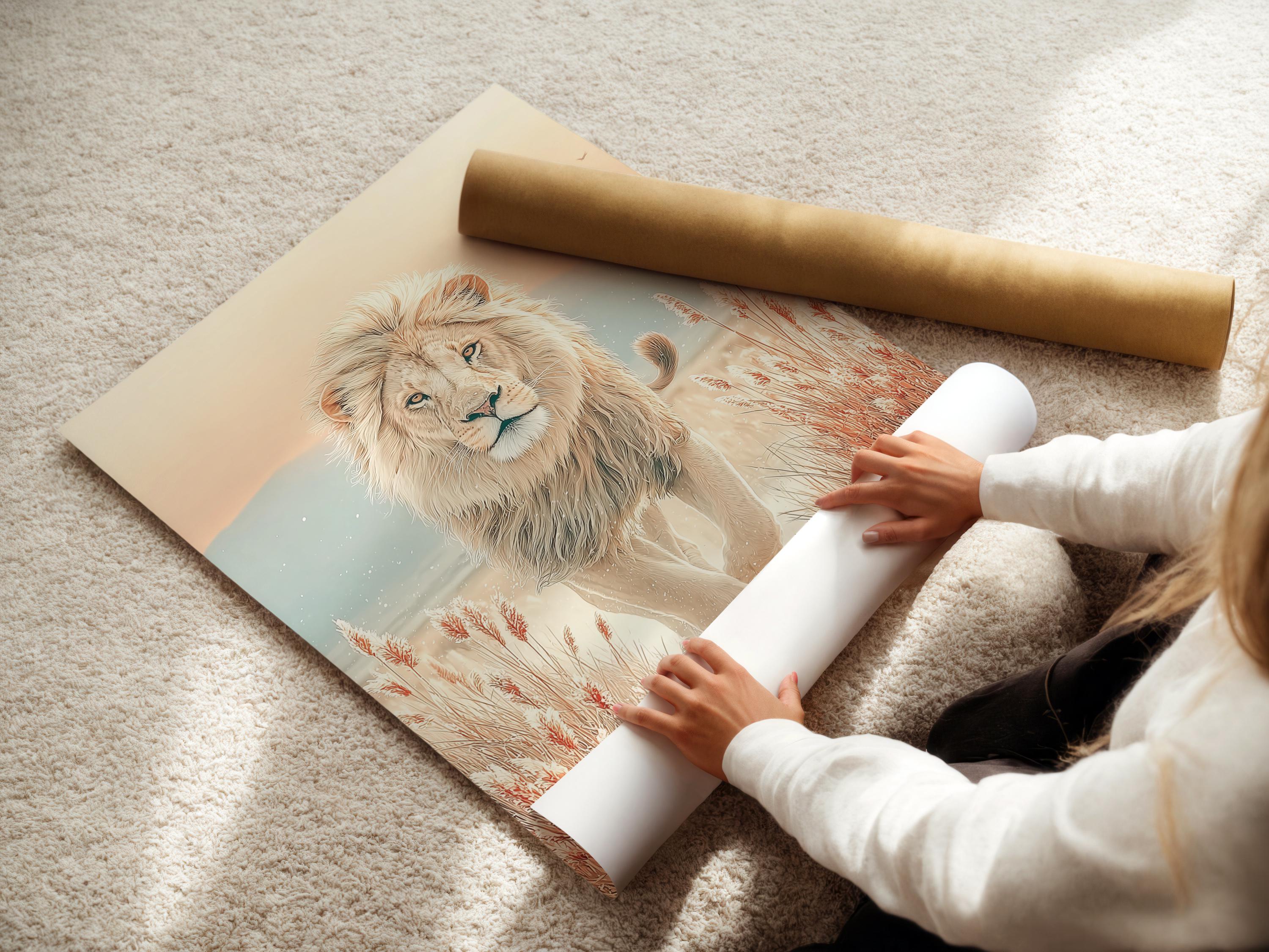 Neutral lion standing in a soft savannah scene with reeds, hills and small birds detail view