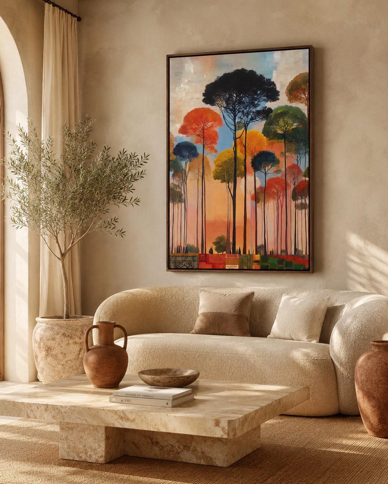 Stylised forest artwork with tall tree silhouettes and orange, red and green canopies