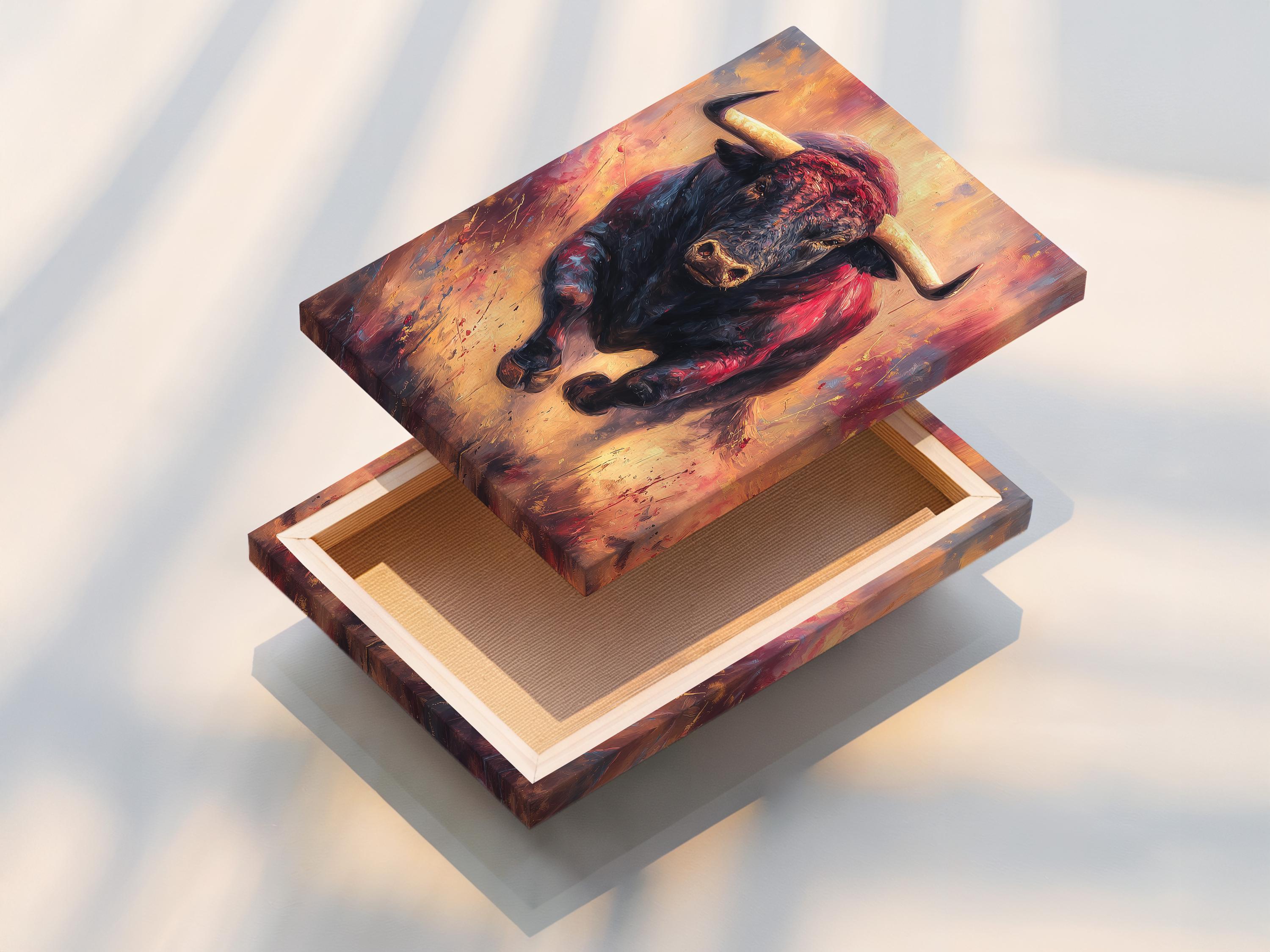 Portrait of a bull with dark charcoal and black tones, red highlights and warm gold accents detail view