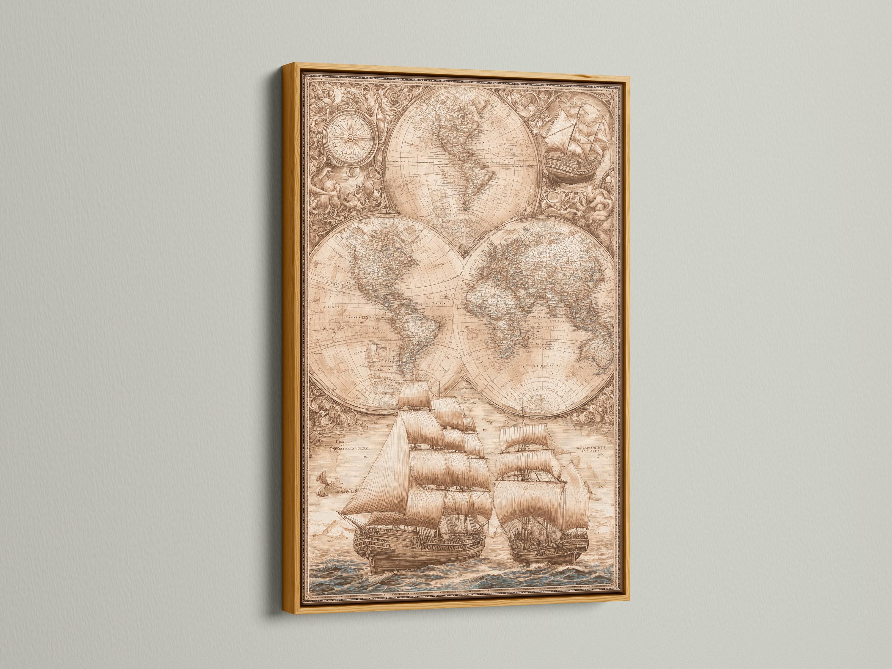 Sepia antique world map with compass circle and sailing ships on waves detail view