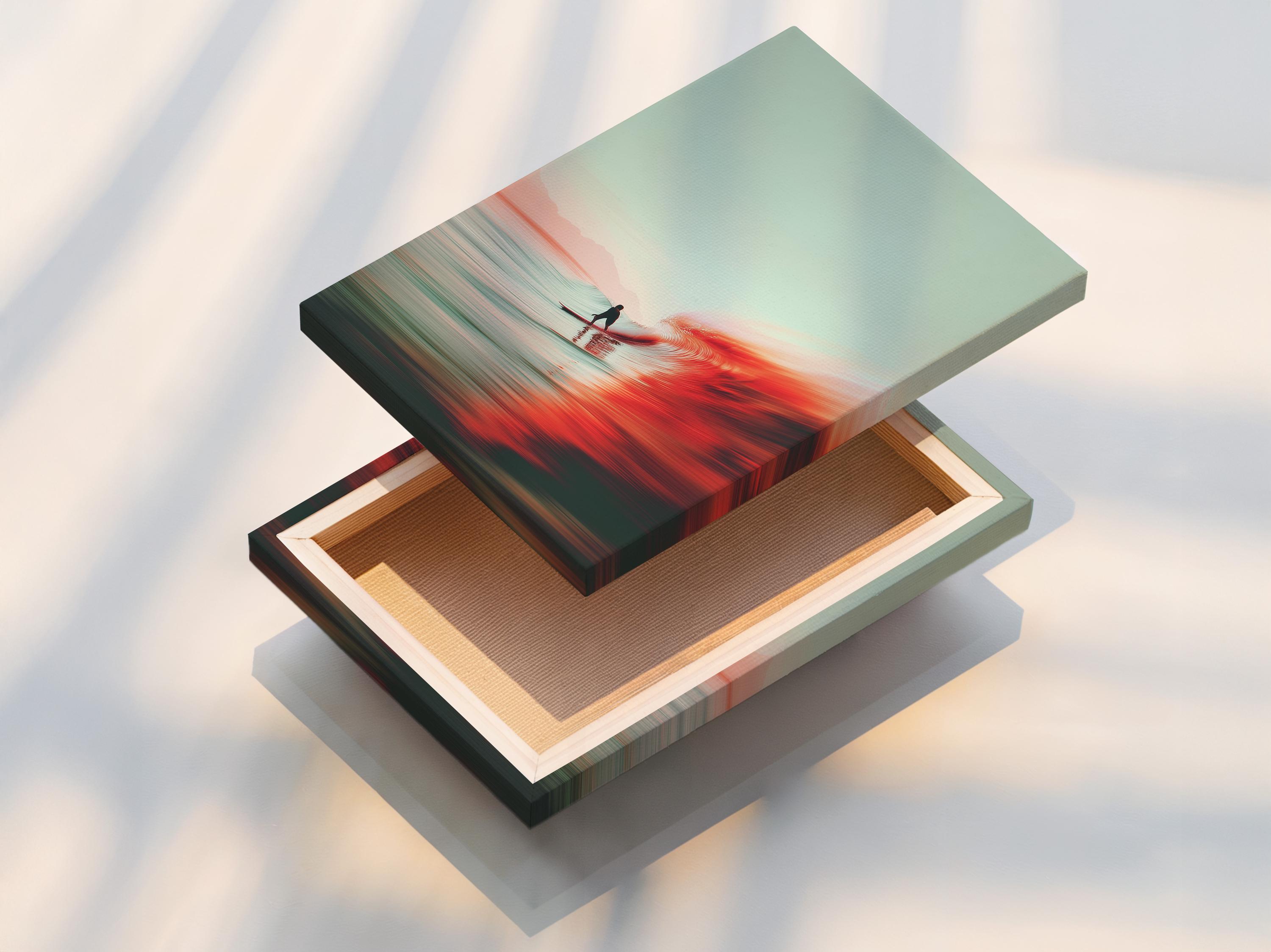 Seascape painting of a surfer riding a bright red wave at sunset over reflective ocean water detail view