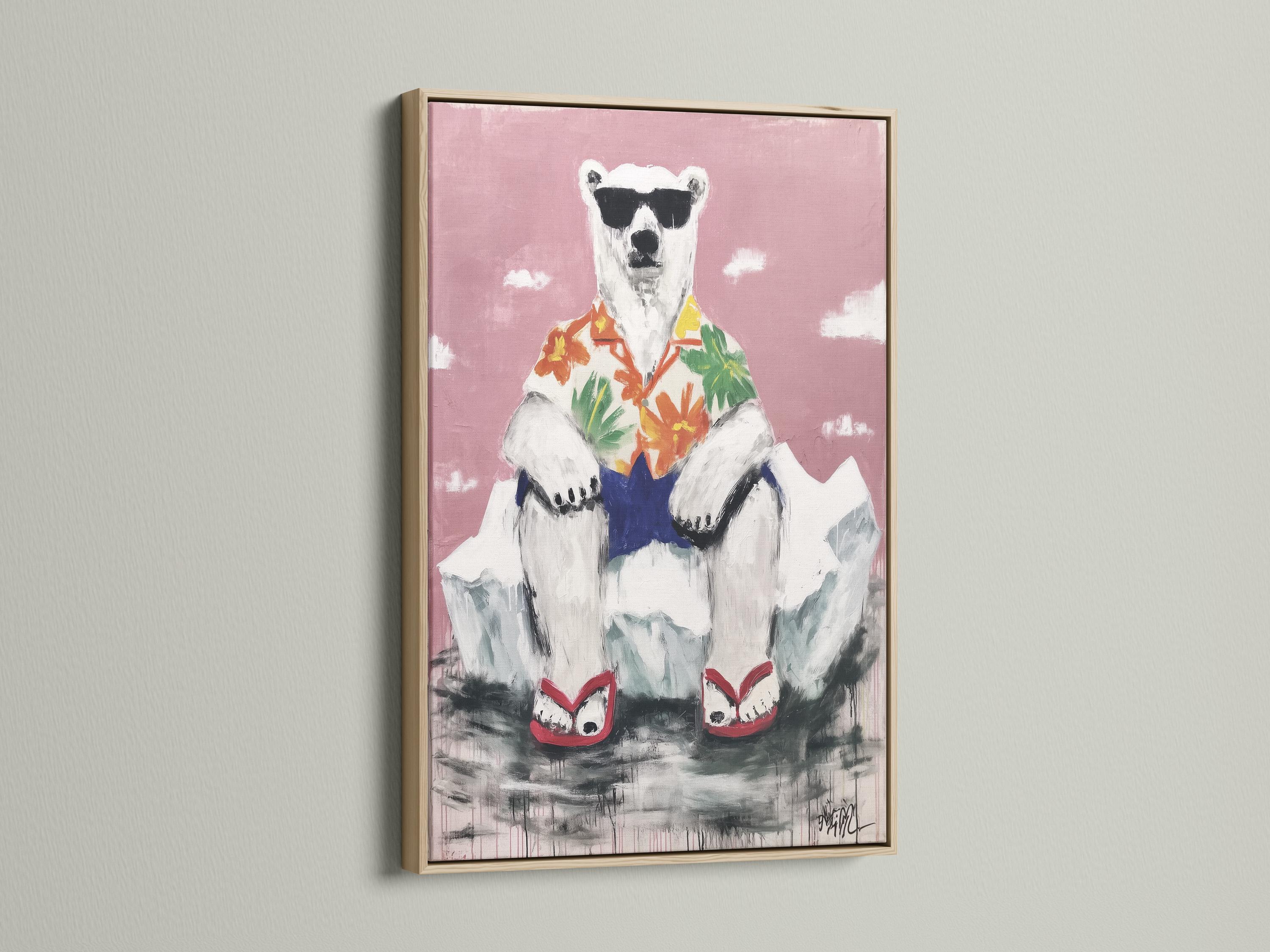 Stylised polar bear with a tropical shirt, standing against a blush pink background detail view
