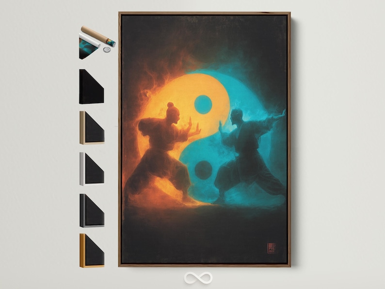 A dark painterly martial-arts figure stands in silhouette within a glowing yin-yang inspired split of orange and teal mist