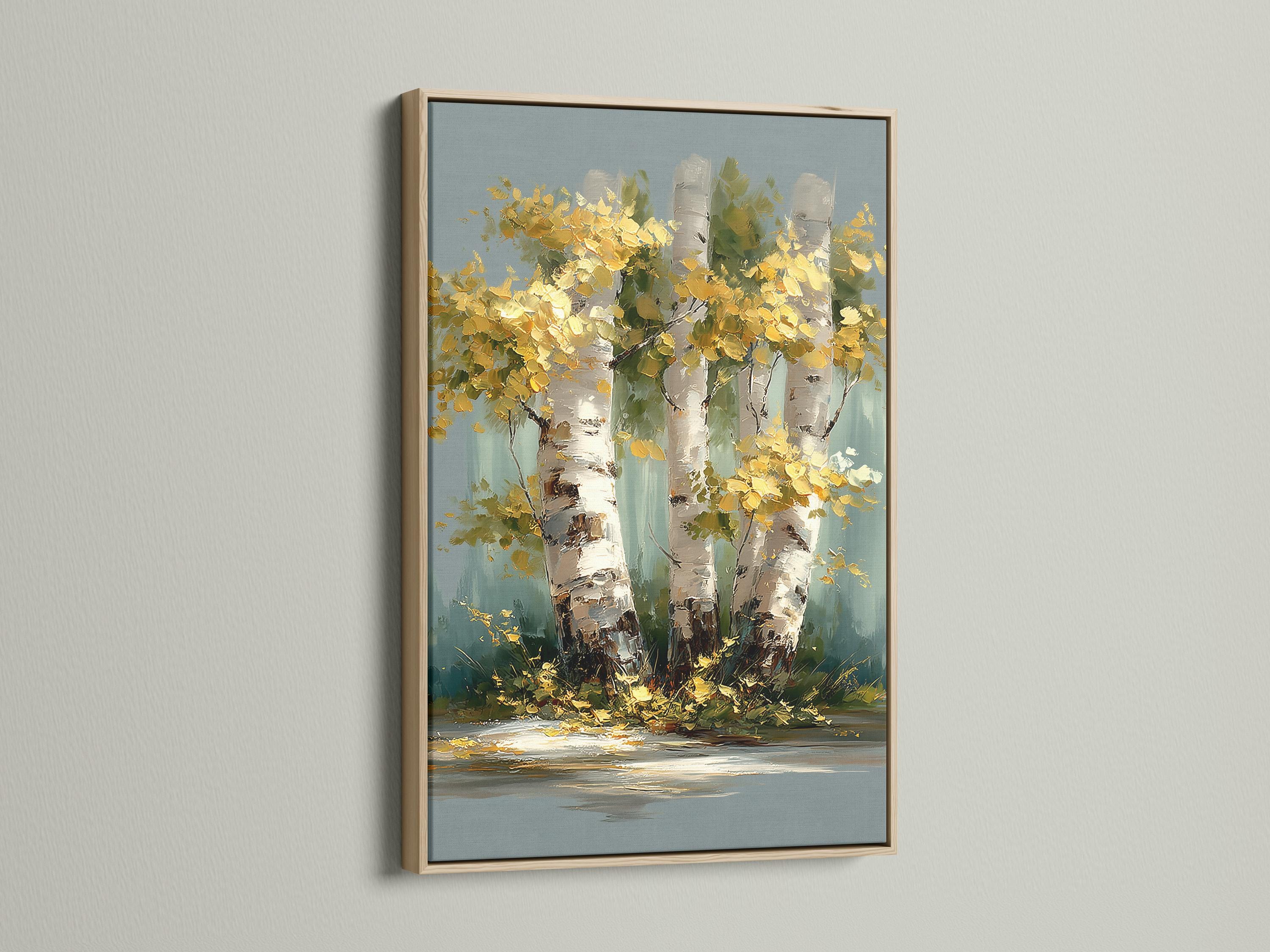 Autumn birch forest painting with golden leaves and white tree trunks on a blue-green background detail view
