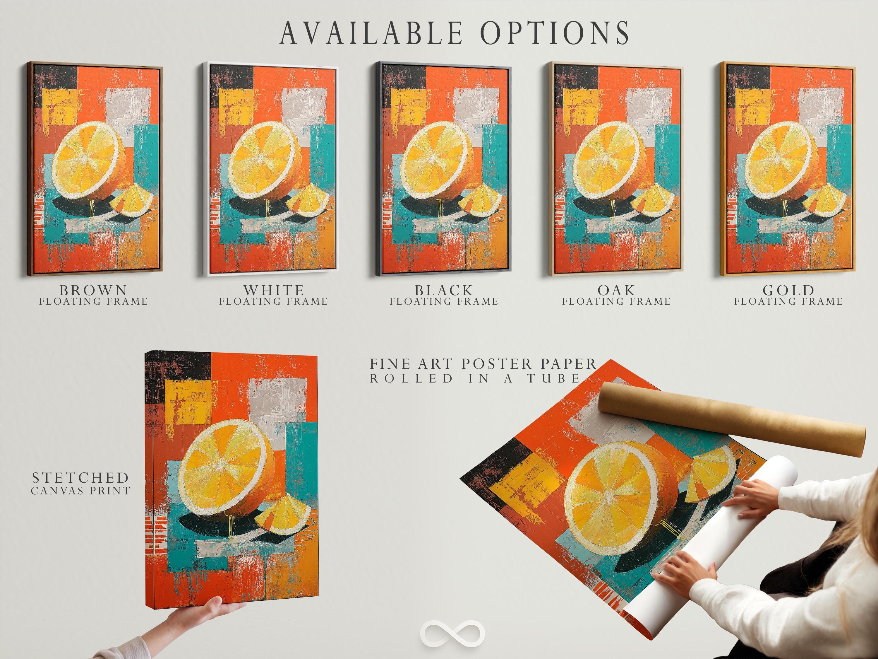 A bold orange-yellow citrus slice motif sits over layered patchwork blocks in orange, teal, yellow and charcoal, with painterly, distressed textures