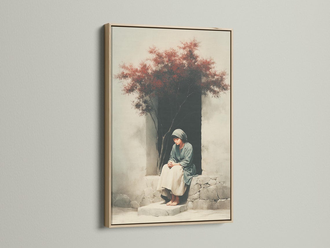 Seated hooded figure by cracked stone steps with dark tree trunk and speckled red foliage canopy detail view