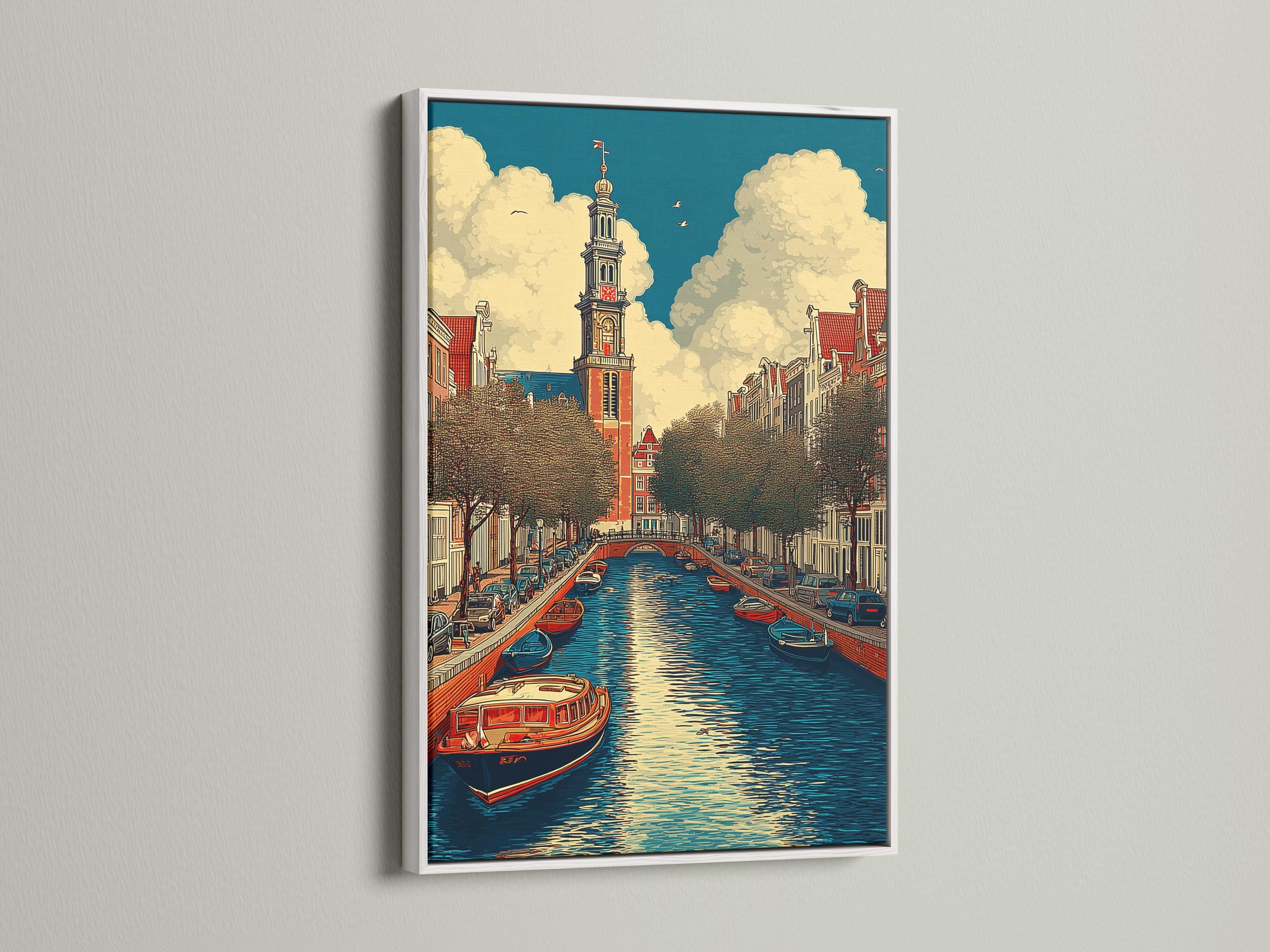 Stylised canal cityscape with boats, red-roofed buildings and a central tower under clouds detail view