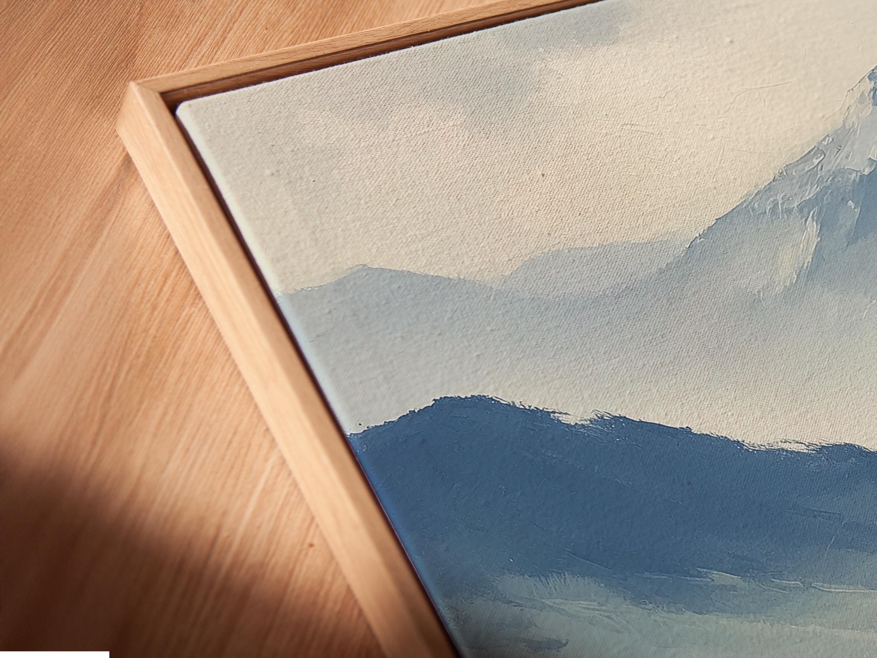 Room mockup showing a framed blue mountain landscape artwork with a red butterfly