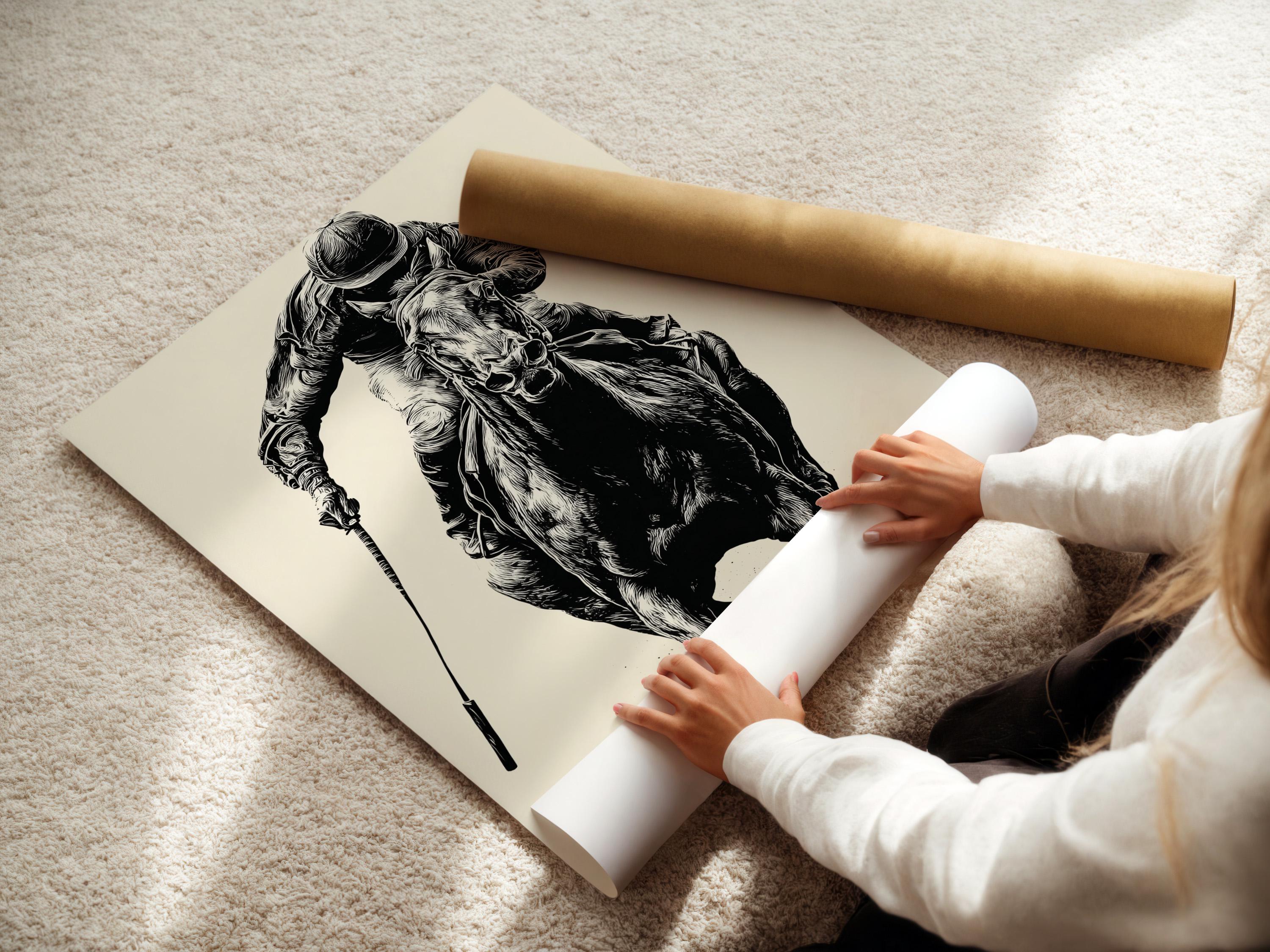 Mockup showing a framed black and white equestrian polo rider illustration