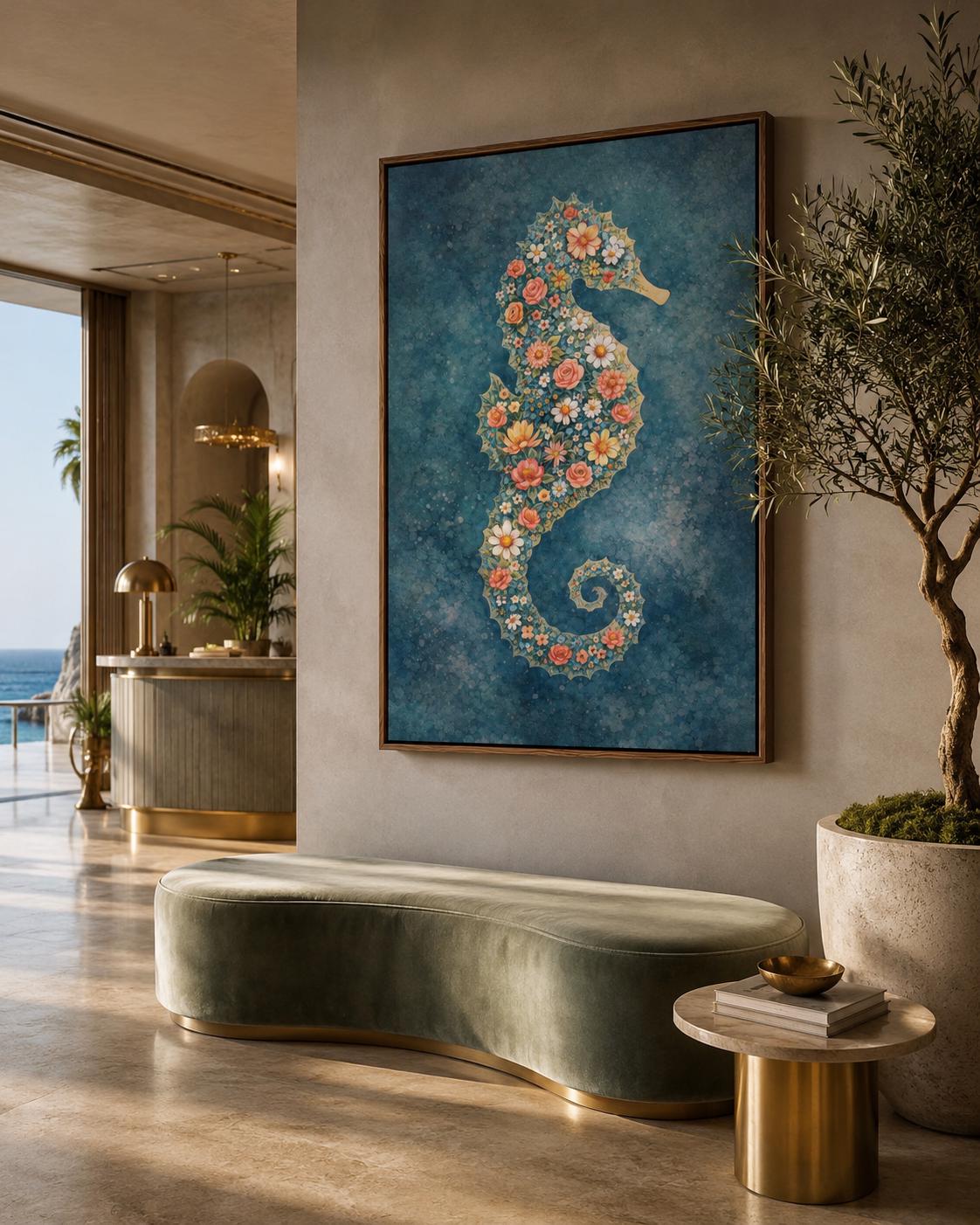 Room mockup showing a framed floral seahorse artwork above a sofa