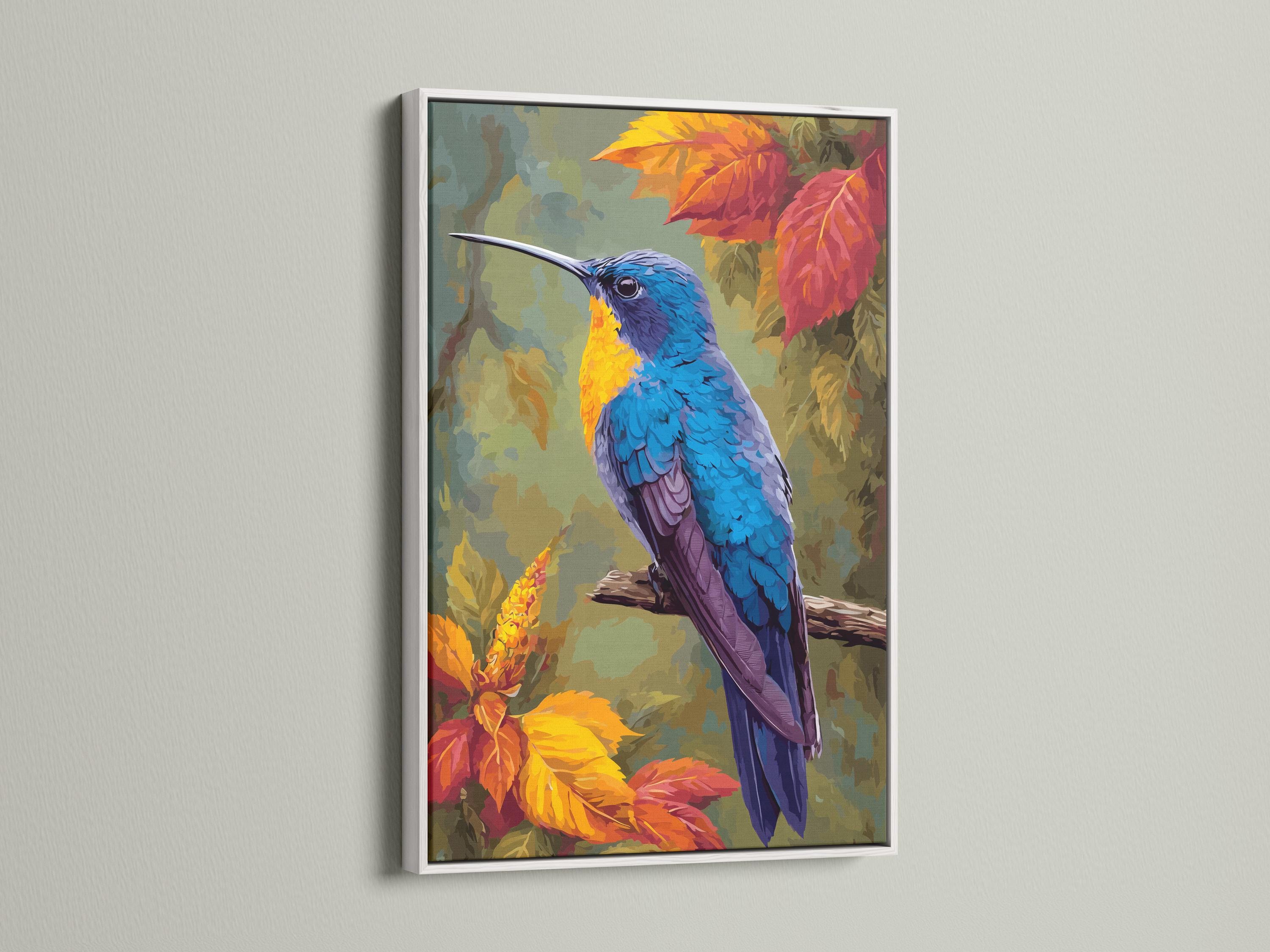 Illustrated hummingbird perched among autumn leaves in vivid blue, purple, gold and orange detail view