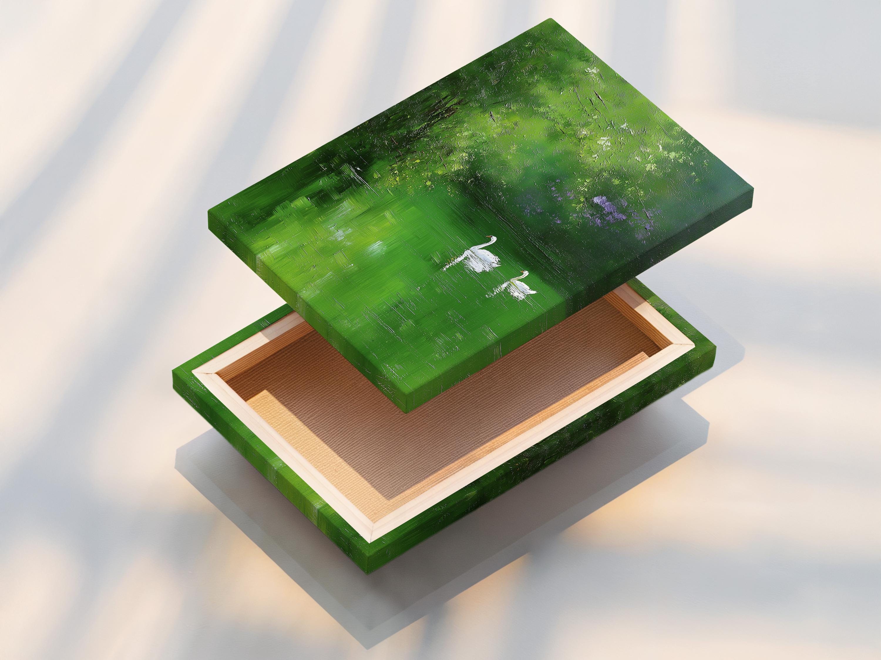 Green landscape artwork with two white swans floating on dark green water detail view