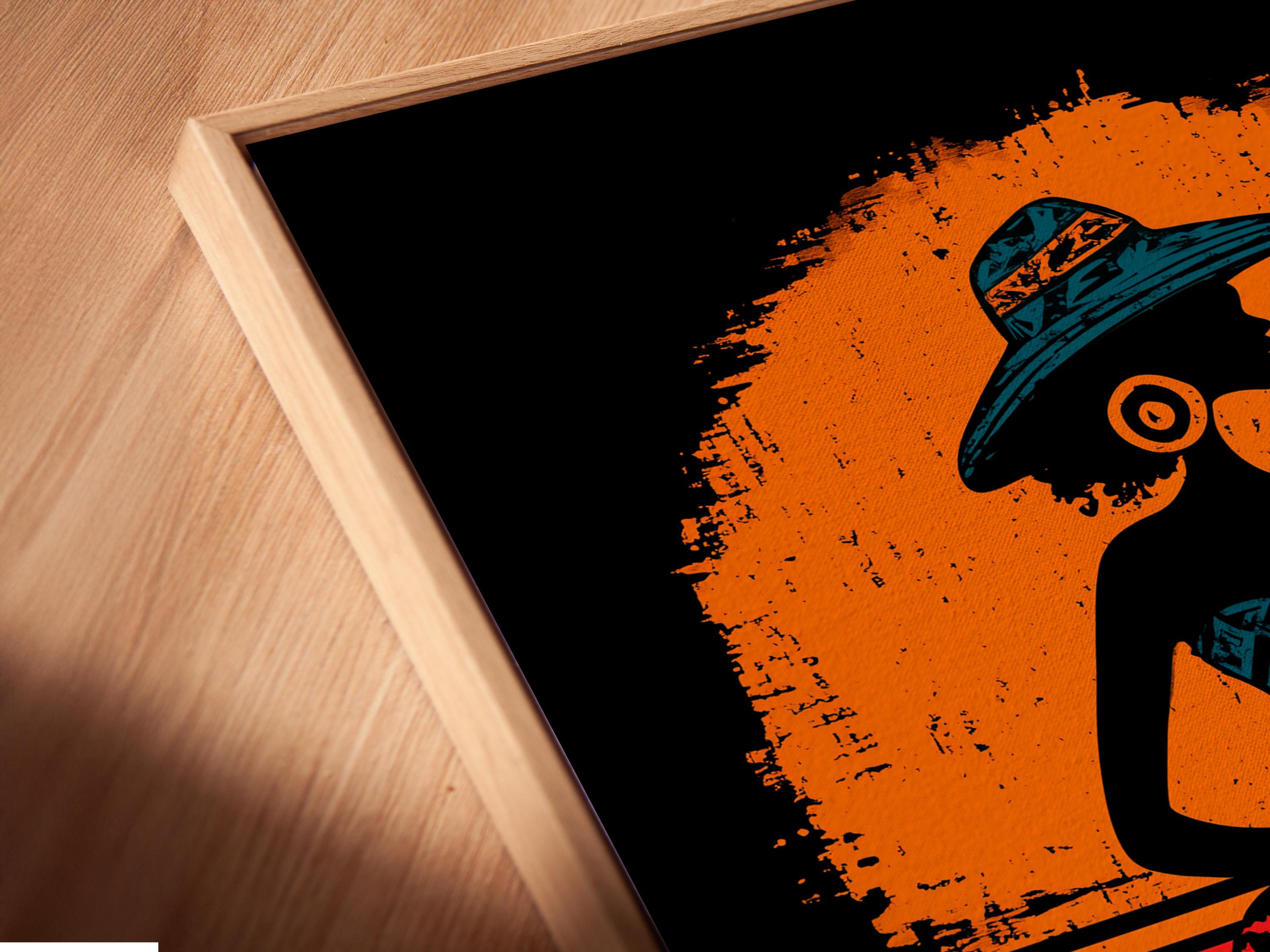Wall mockup showing a framed poster design with a guitar-playing figure and tribal patterns