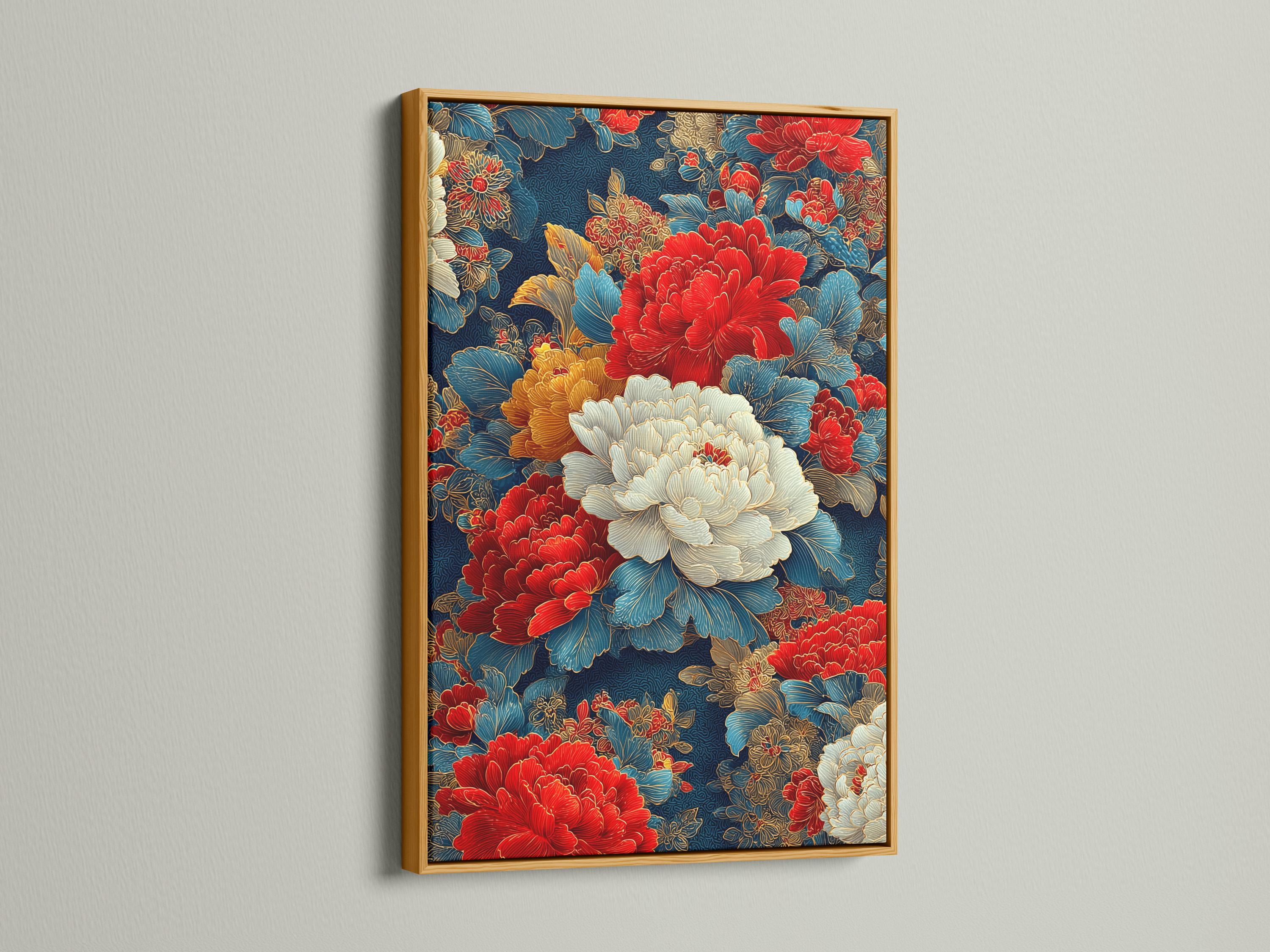 Wall mockup showing an ornate floral artwork with red peonies and cream petals framed against a light background