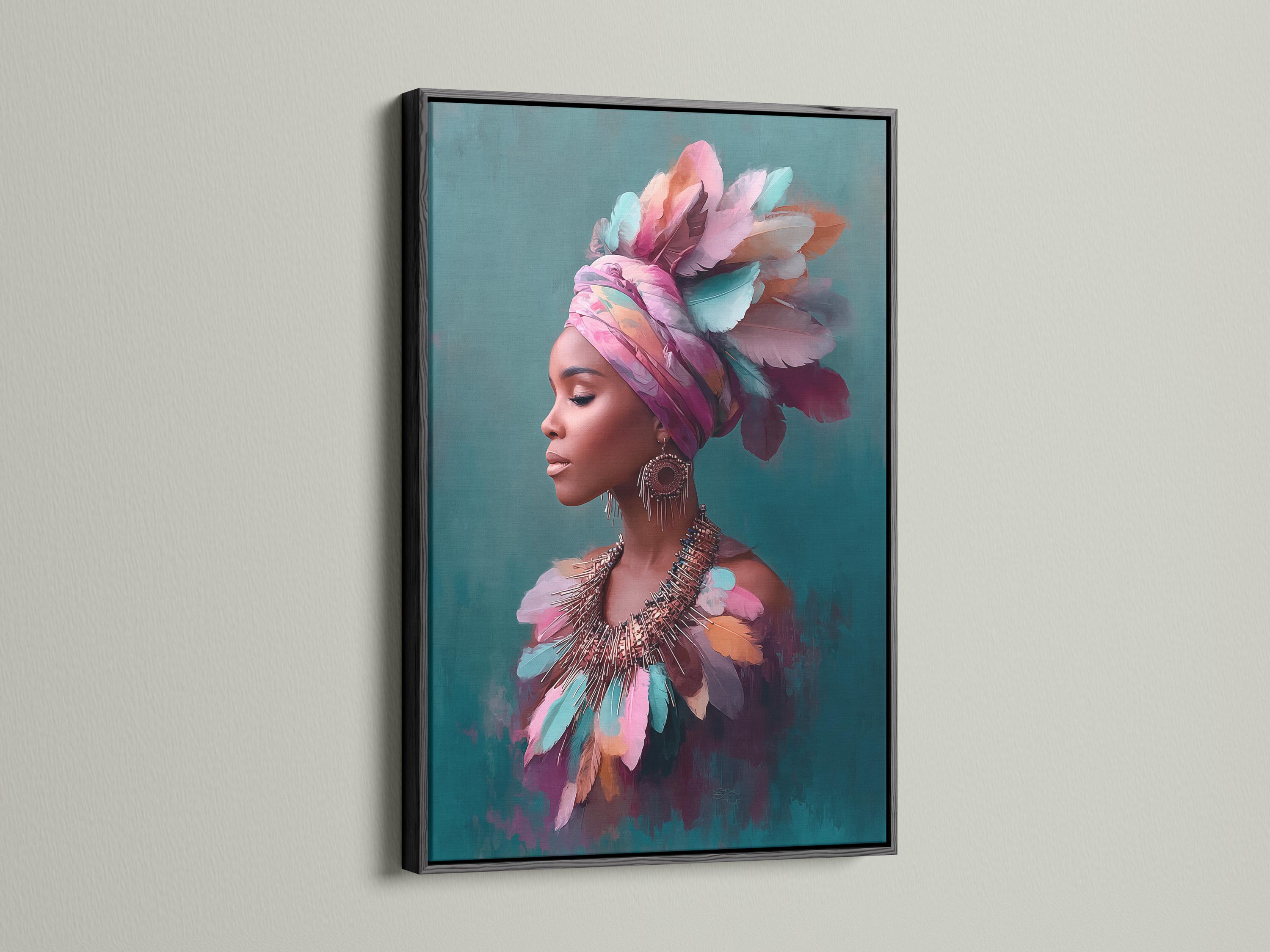 Stylised portrait of a woman in side profile with a layered feather headdress in pink, teal and purple detail view