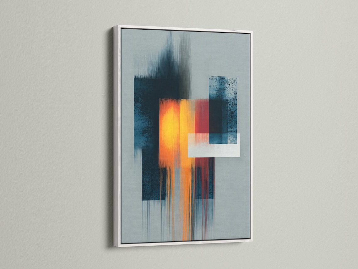 Geometric abstract artwork with teal and grey blocks and a glowing orange-yellow square detail view
