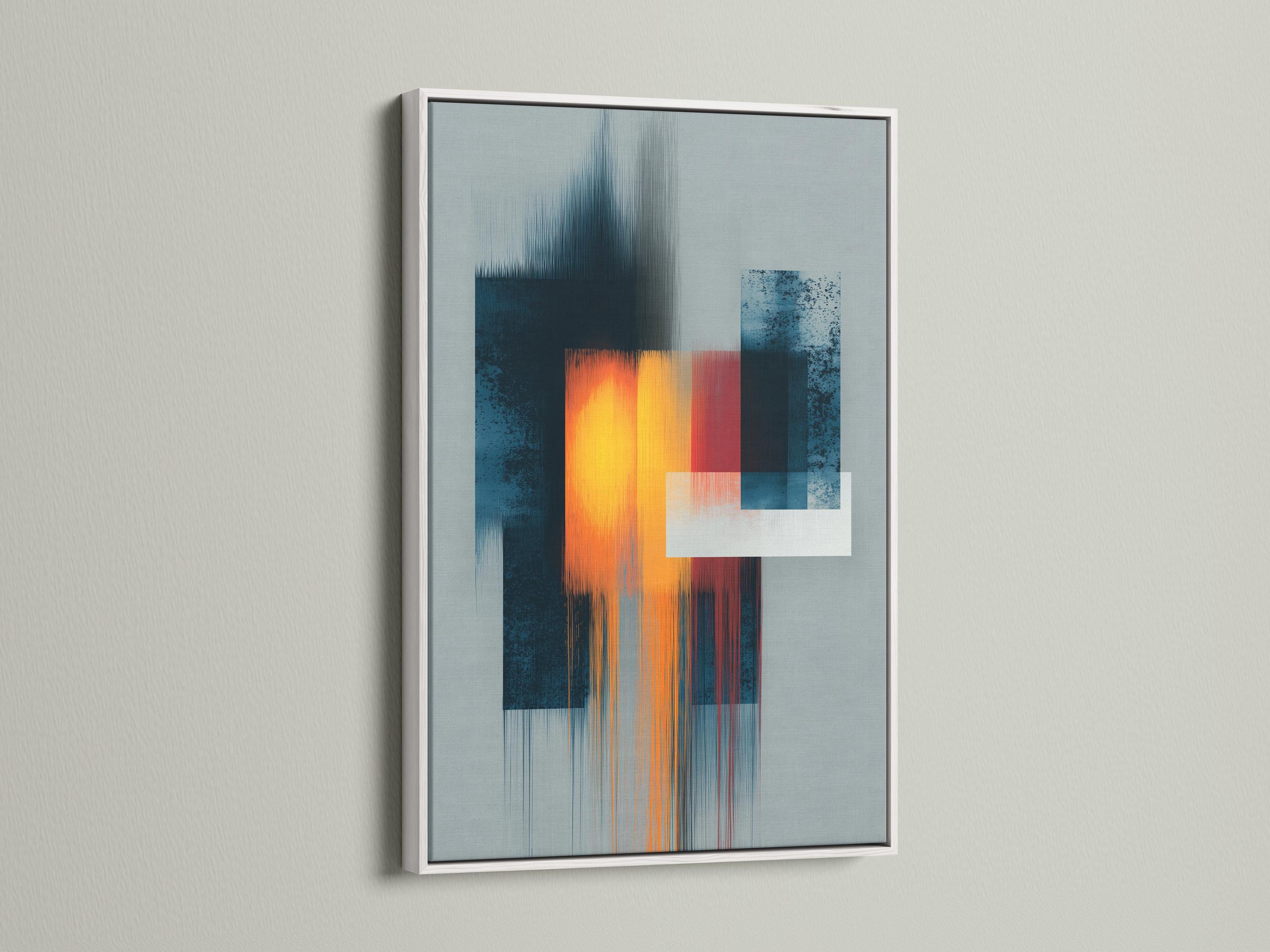 Geometric abstract artwork with teal and grey blocks and a glowing orange-yellow square detail view