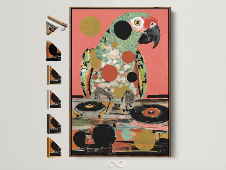 Stylised parrot portrait in hot pink with teal feathers and retro record shapes