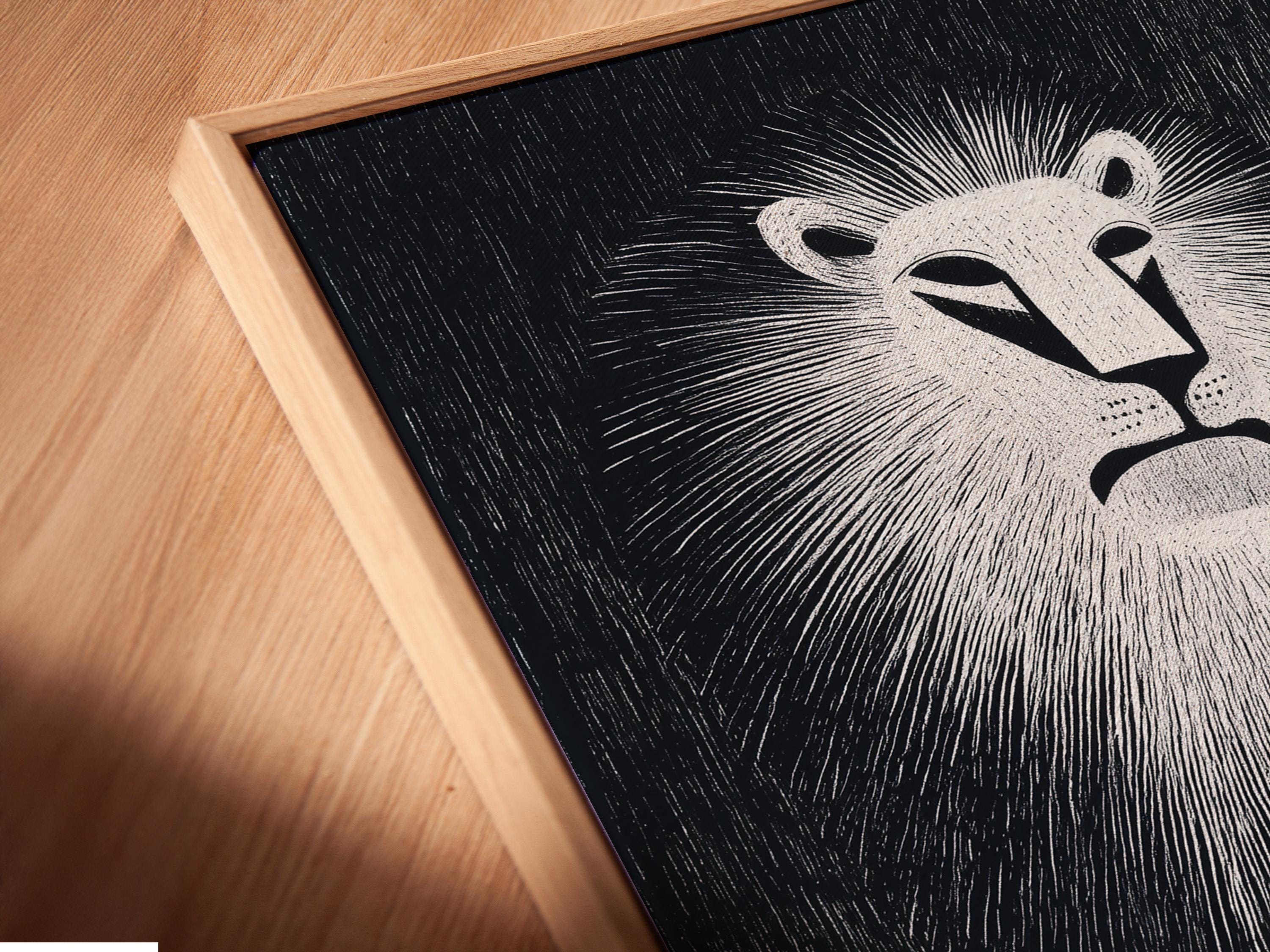 A person standing beside a framed black and white lion artwork in a modern interior