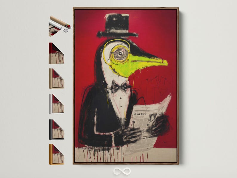 Stylised penguin-like bird portrait with red background, black shapes and yellow-green beak