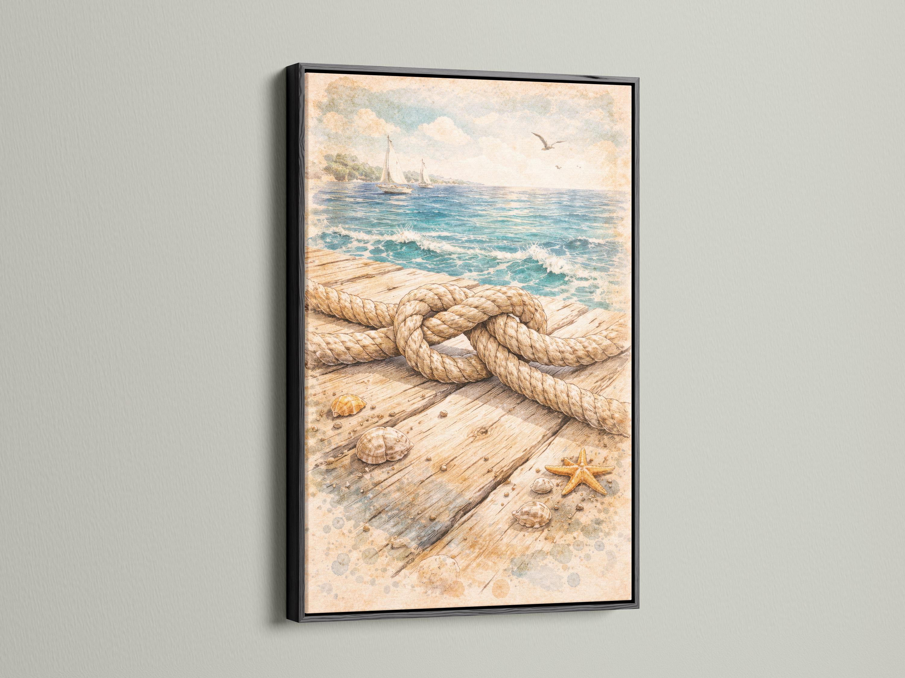 Nautical rope knot on a weathered dock with seashells, starfish, and sailboats on the ocean detail view