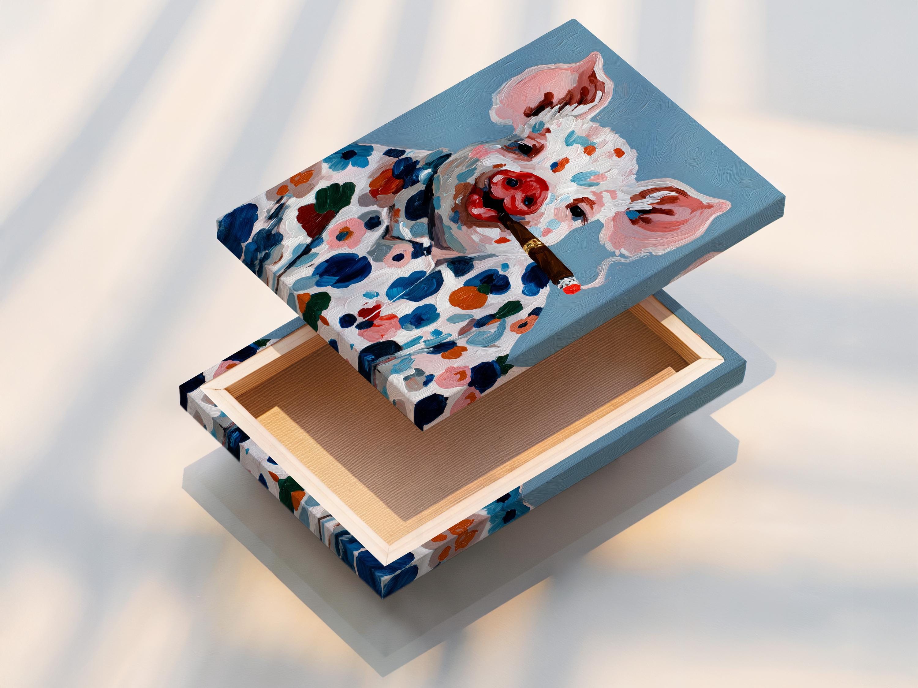 Painted pig portrait holding a cigar, with colourful floral and leaf shapes on a blue background detail view